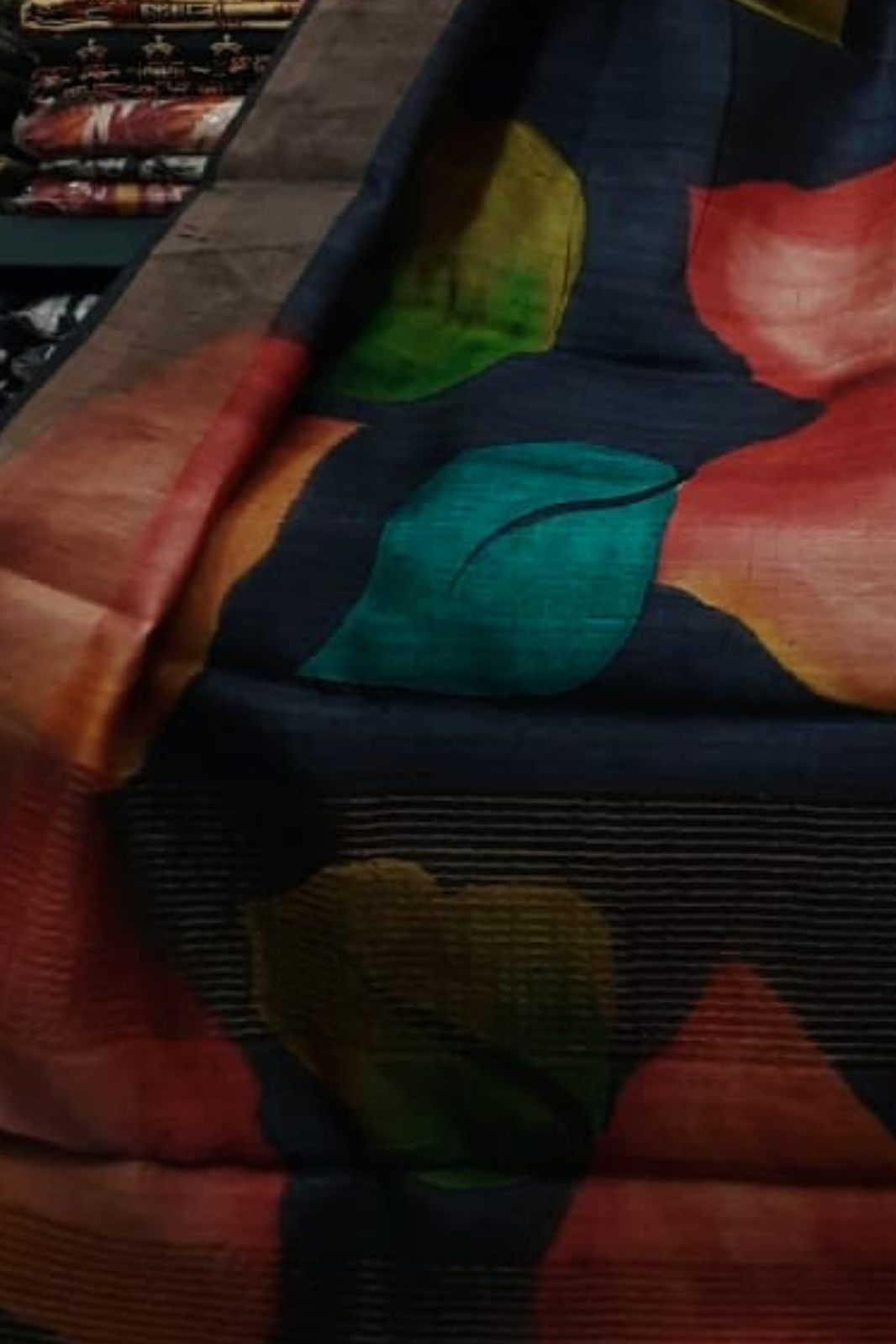 Zari Tussar Pure Silk Saree with Bold Red Blossom Handpaint on Deep Black Base