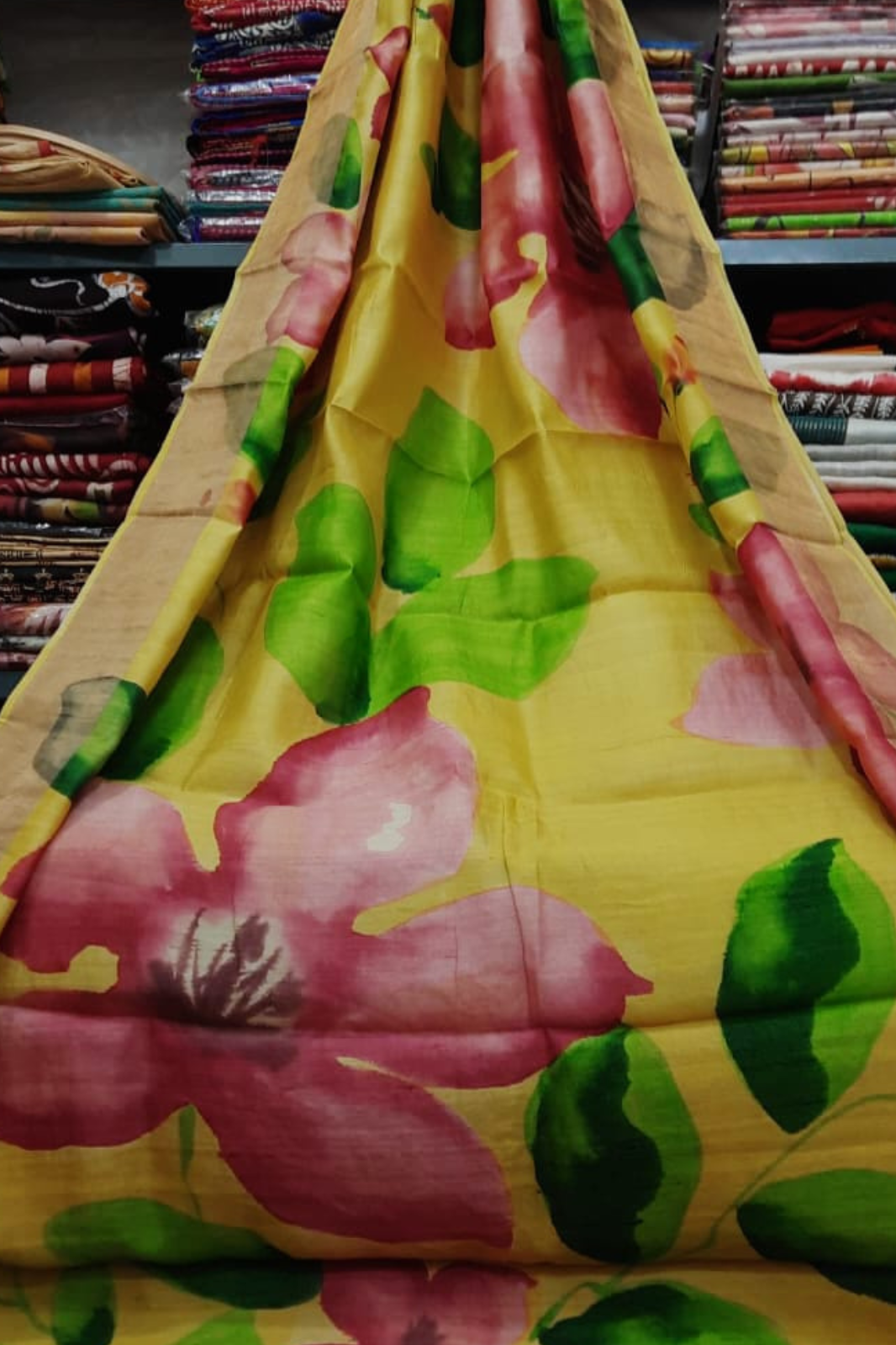 Zari Tussar Pure Silk Saree with Bright Blossom Handpaint Detailing