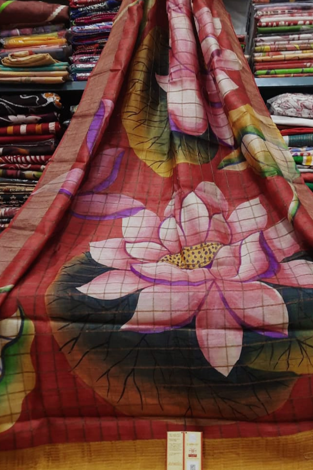 Zari Tussar Pure Silk Saree with Exquisite Lotus Floral Handpaint