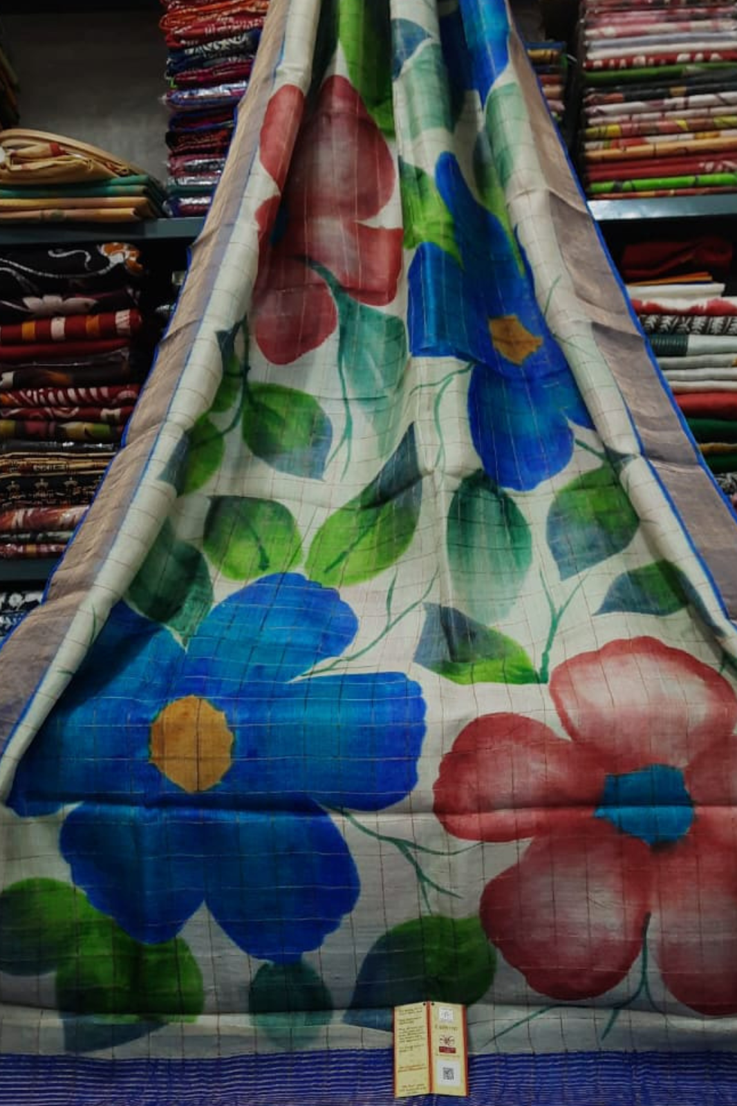 Zari Tussar Pure Silk Saree with Bold Handpainted Florals