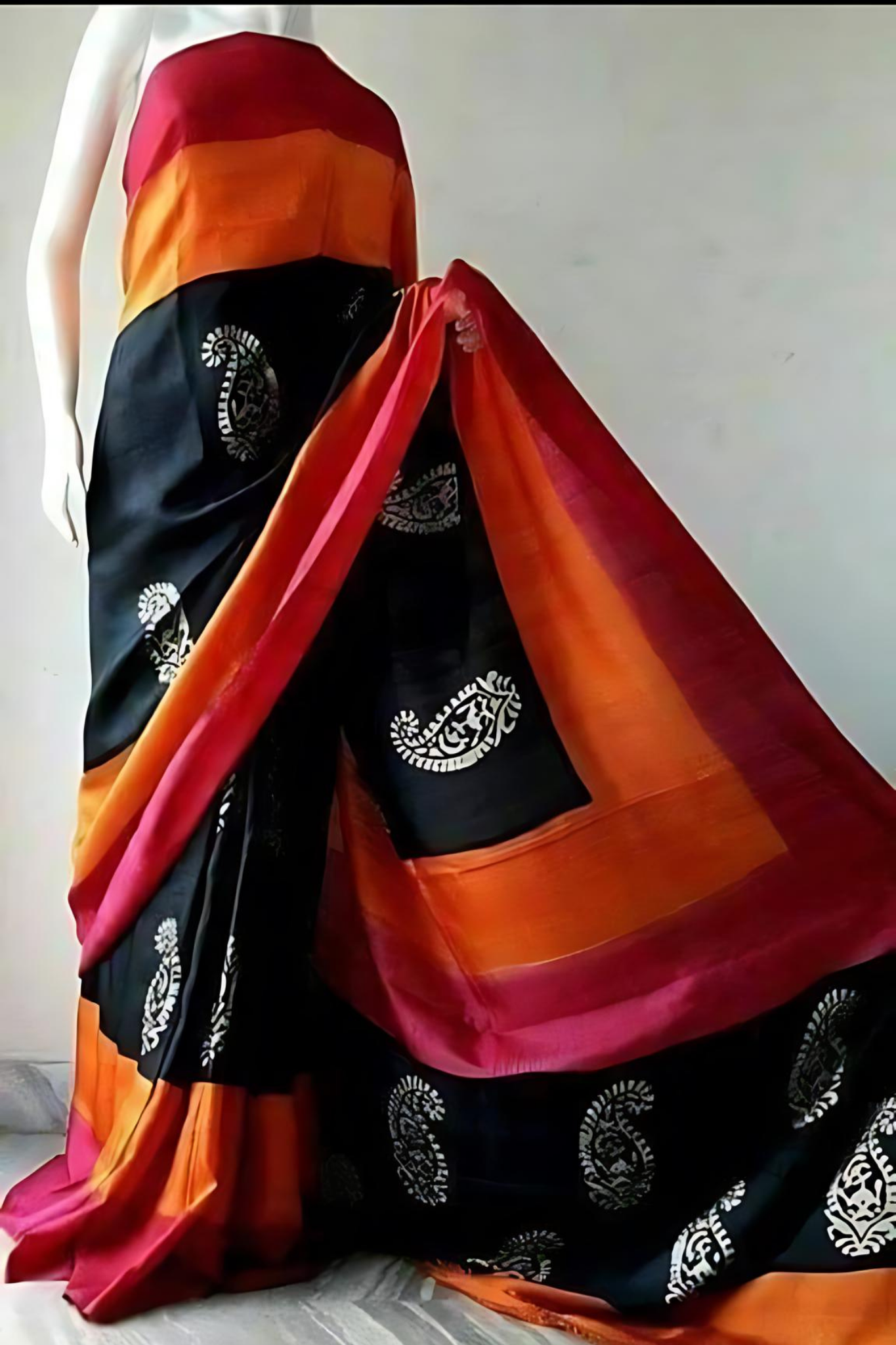 Black With Red And Orange Border Pure Bangal Handloom  Saree