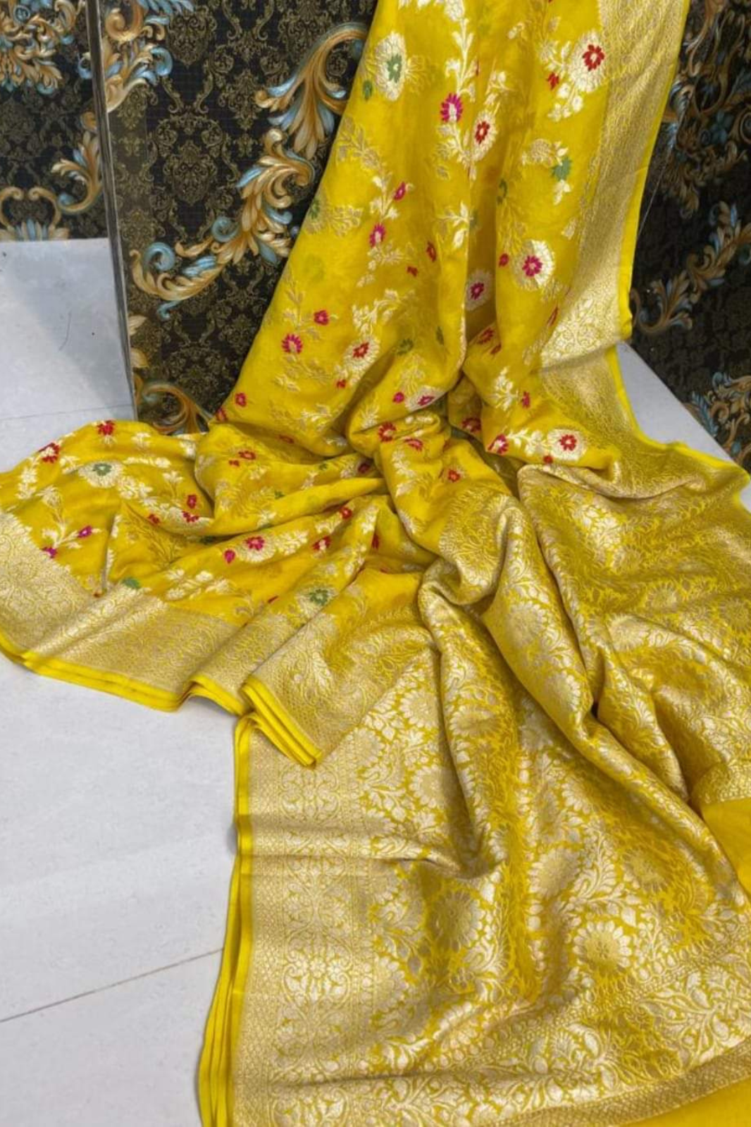 Haldi Yellow Pure Banarasi Semi Khaddi Georgette Saree