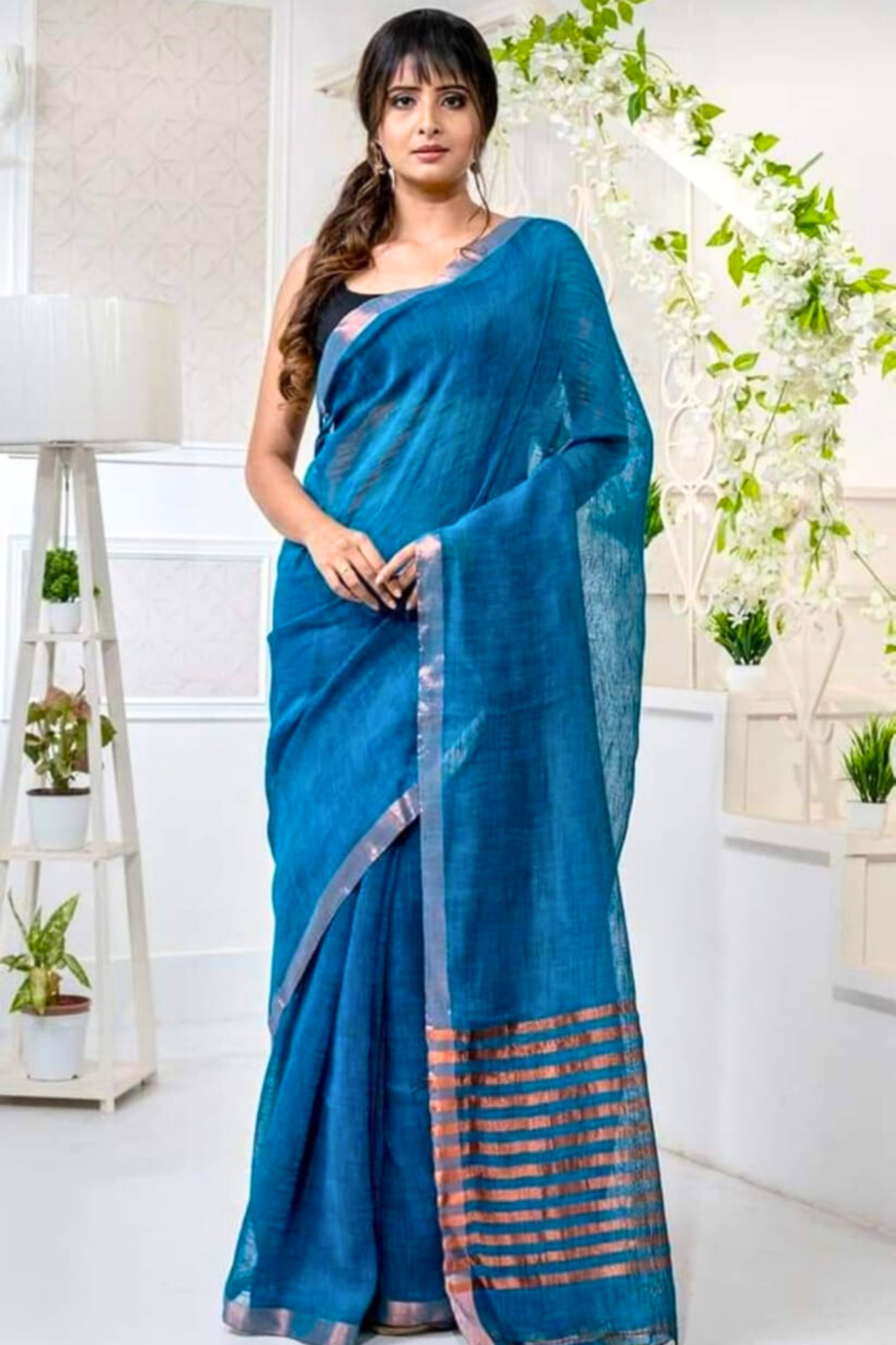 Peacock Blue Pure Linen Bangal Handloom Saree
