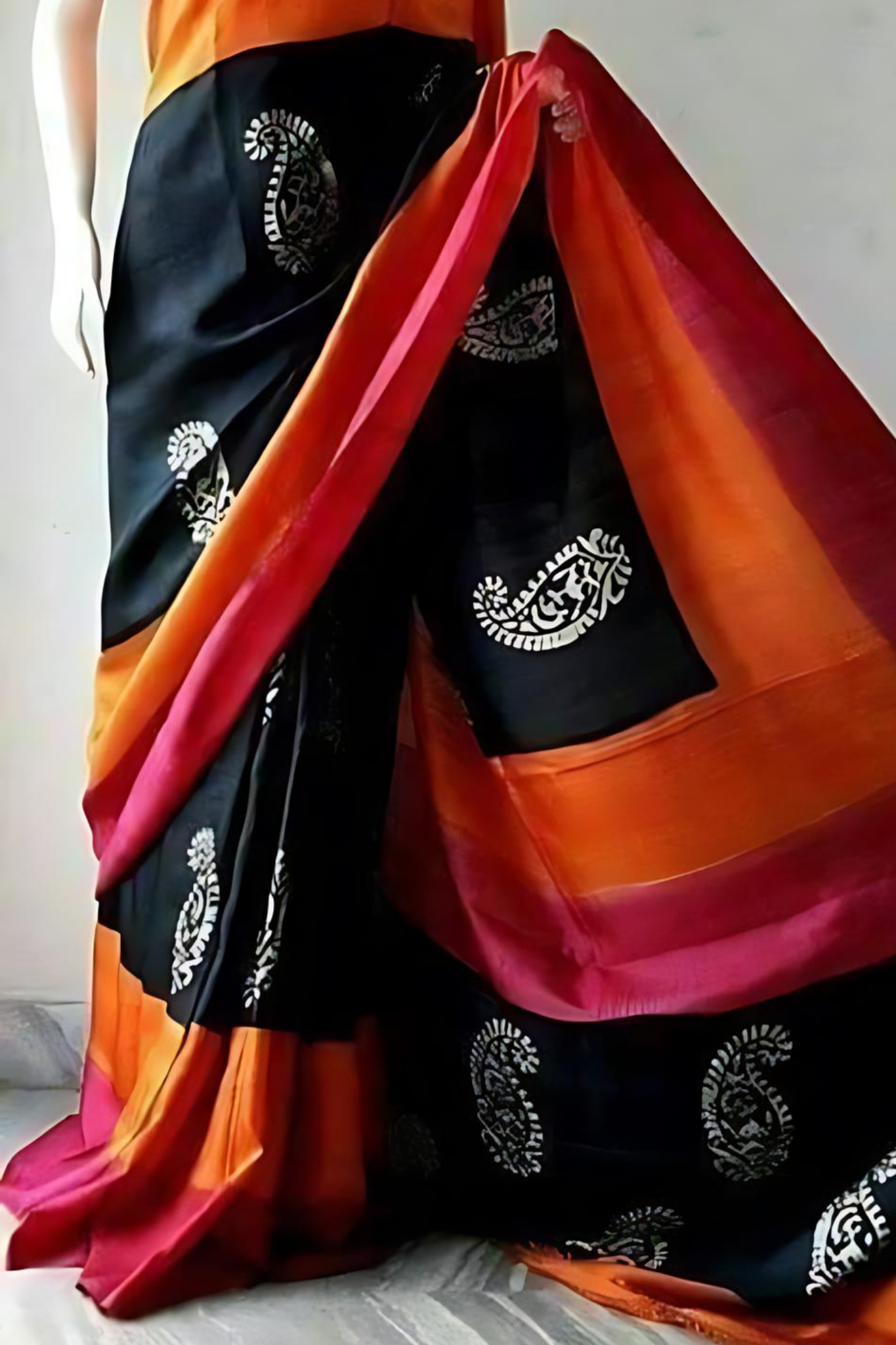 Black With Red And Orange Border Pure Bangal Handloom  Saree