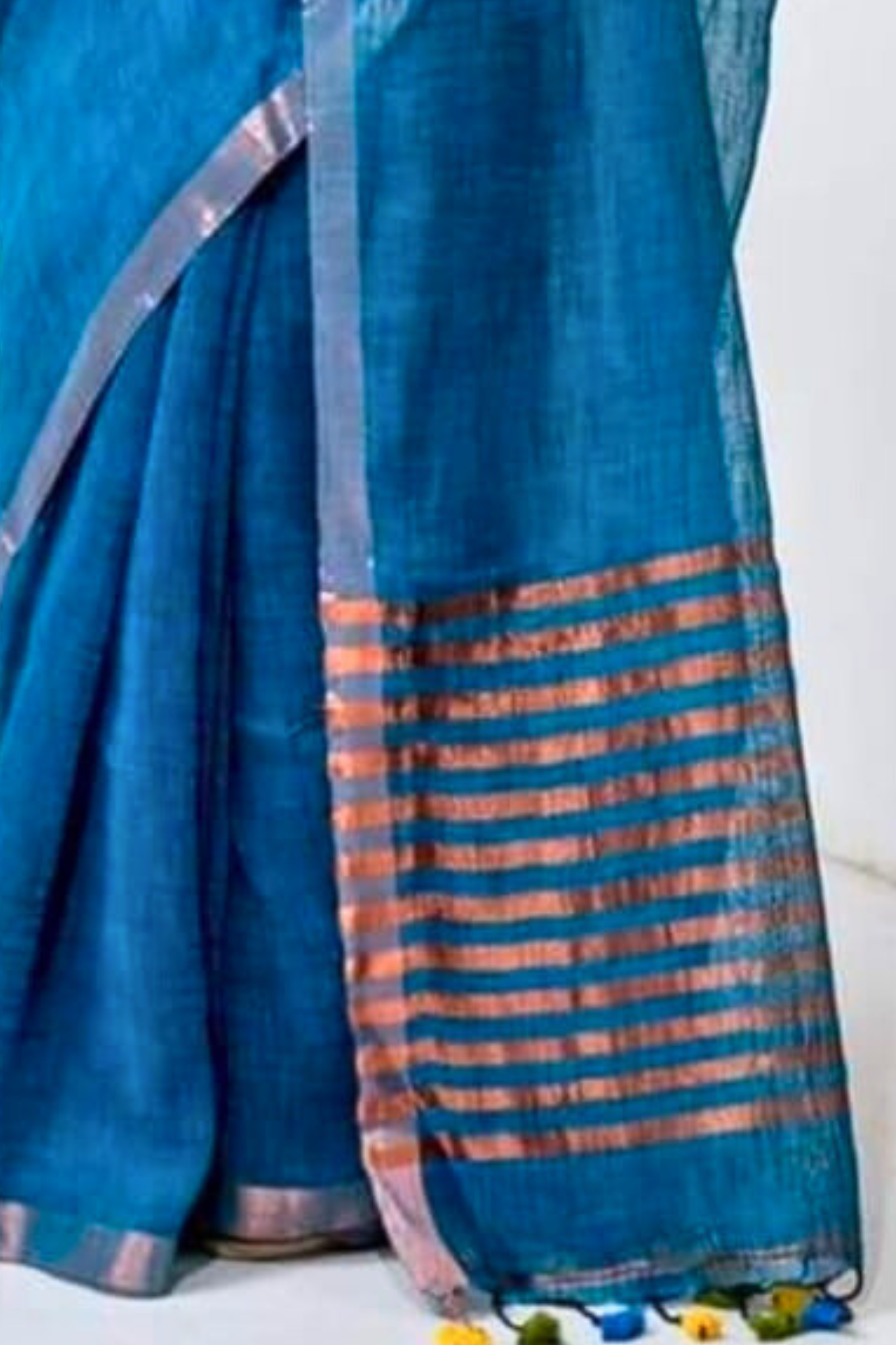 Peacock Blue Pure Linen Bangal Handloom Saree
