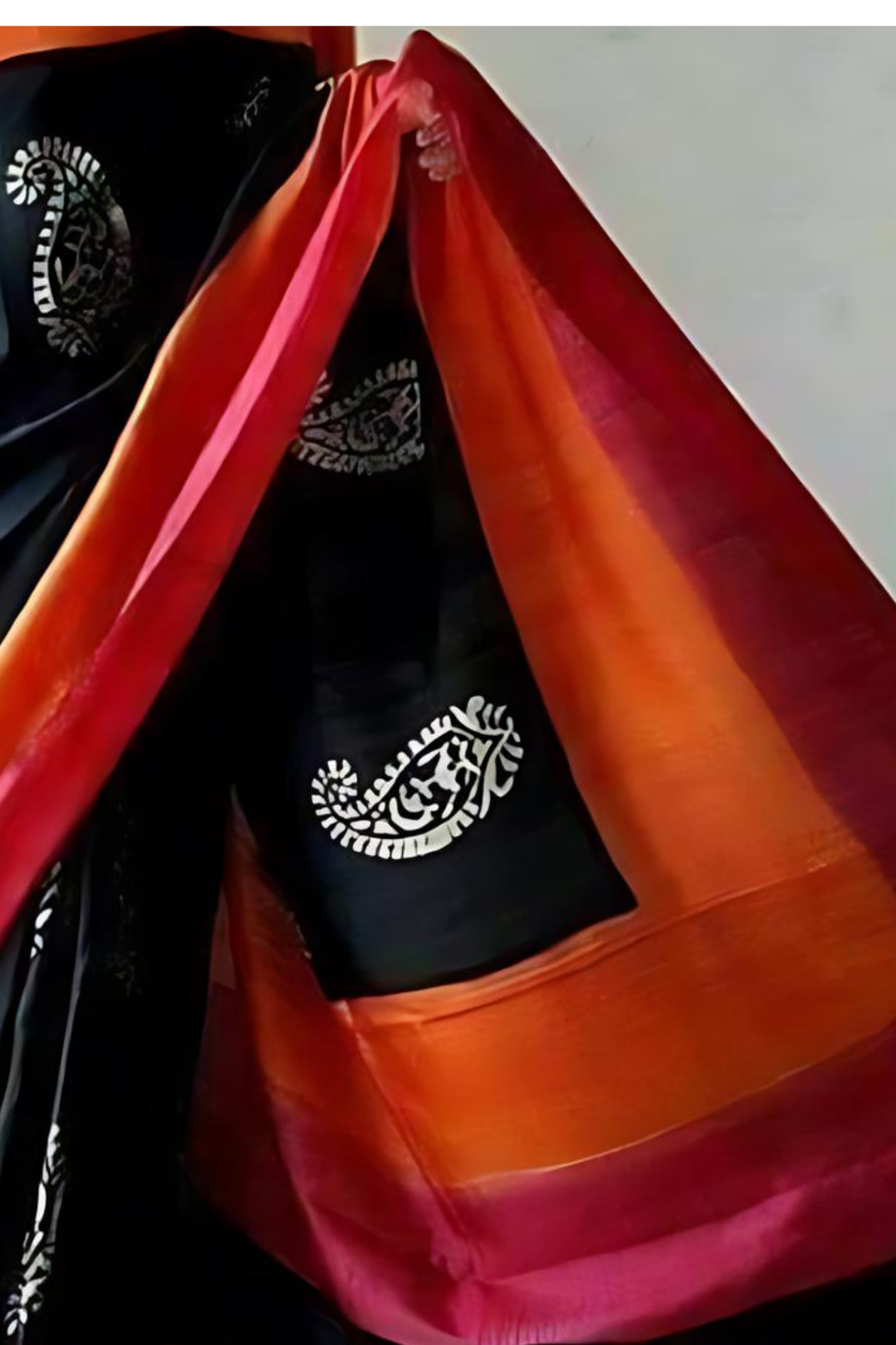 Black With Red And Orange Border Pure Bangal Handloom  Saree
