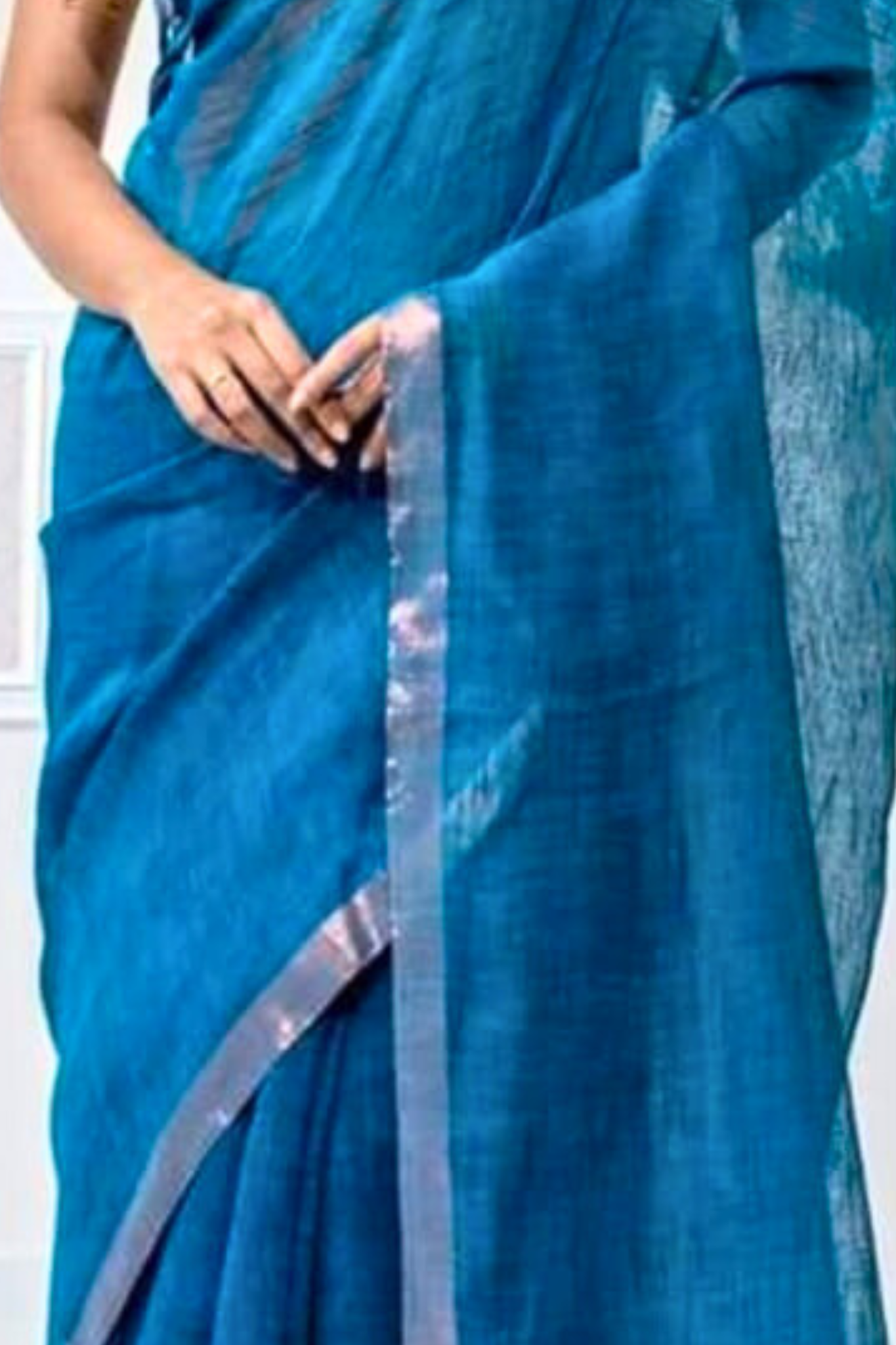 Peacock Blue Pure Linen Bangal Handloom Saree