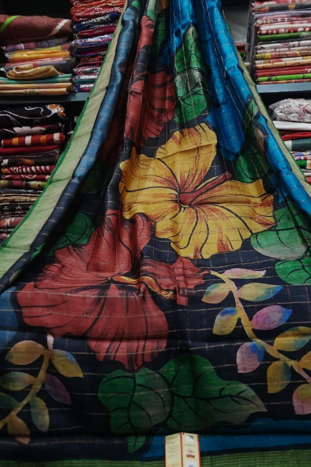 Zari Tussar Pure Silk Saree with Handpainted Floral Design