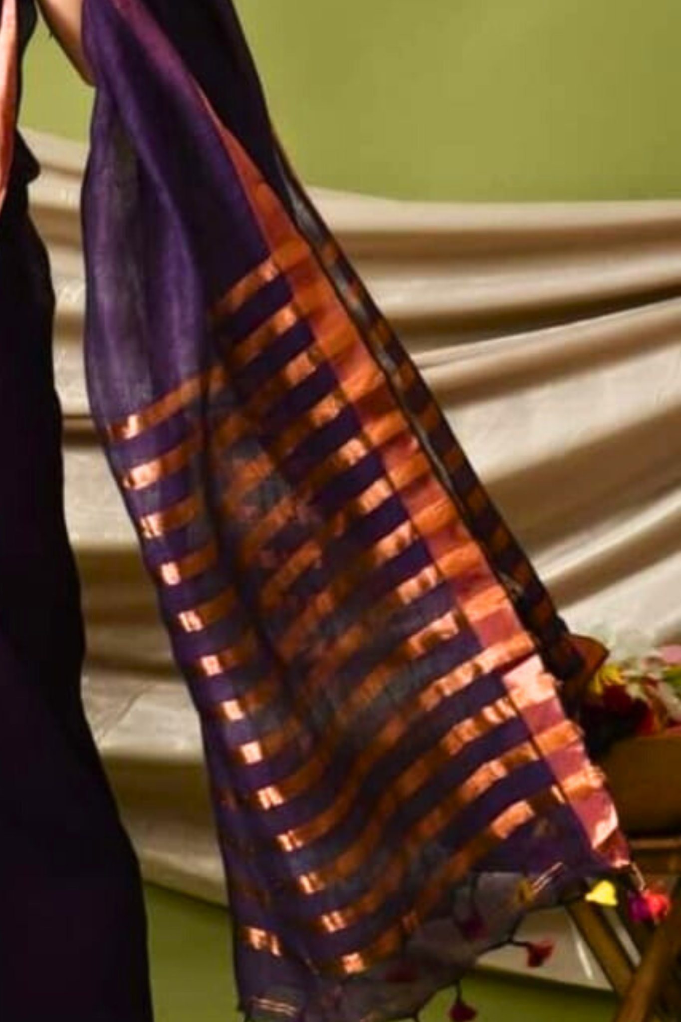 Wine Pure Linen Bangal Handloom Saree