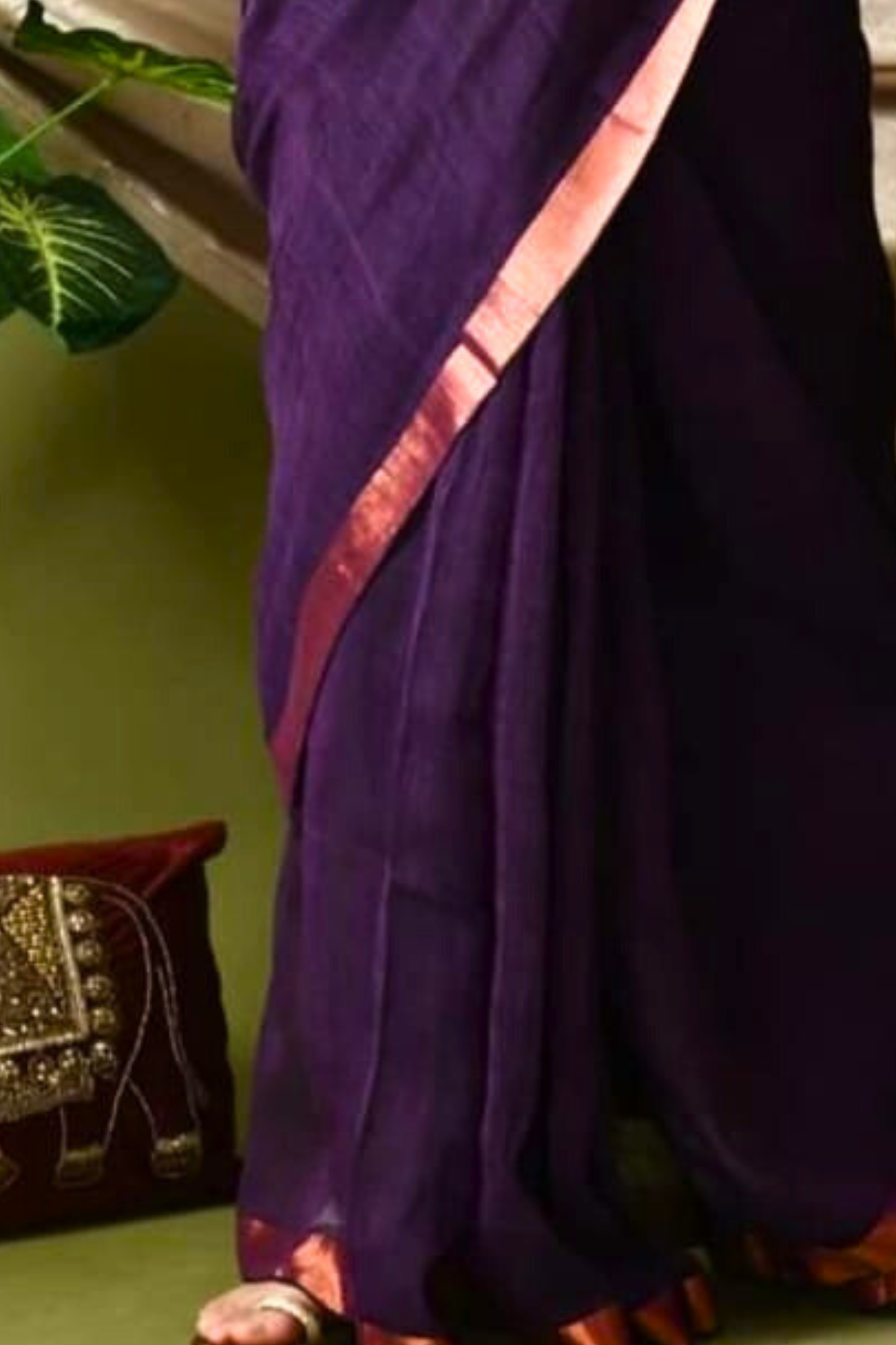 Wine Pure Linen Bangal Handloom Saree