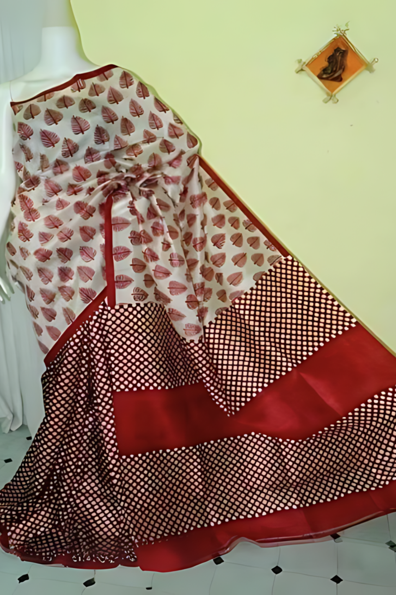 Pearl White With Red Handblock  Pure Bengal Handloom Saree