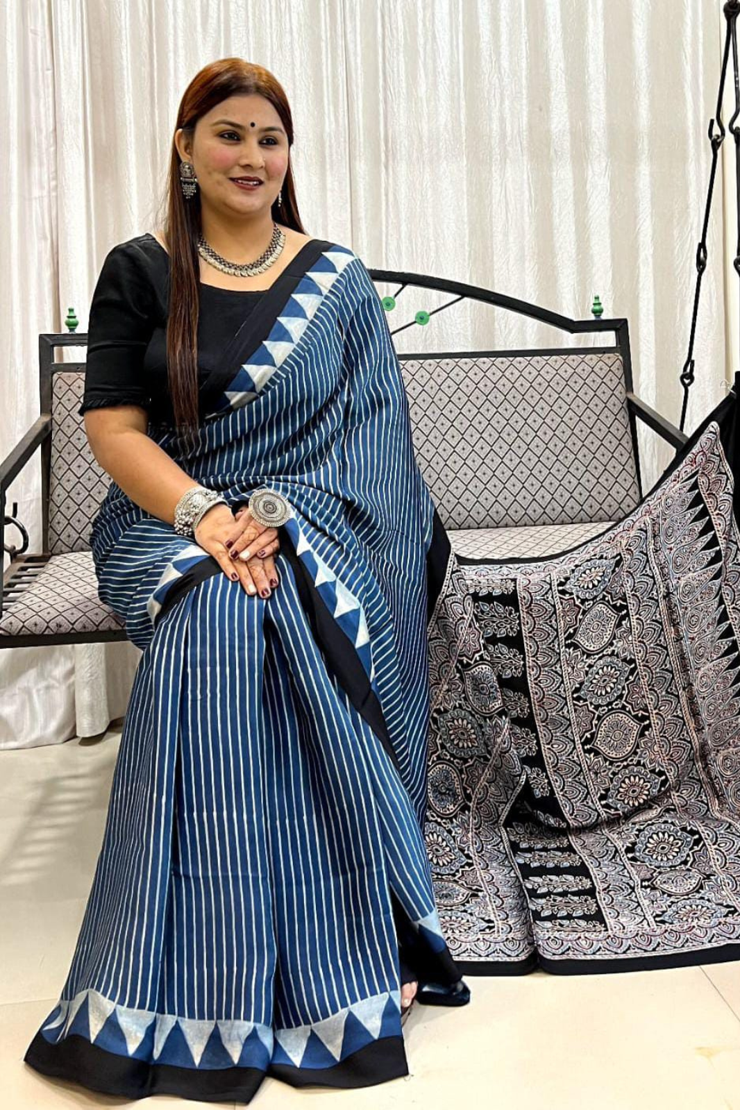 Pure Modal Handblock Printed Natural Dye Ajarakh Silk Saree Blue Stripes with Geometric Border
