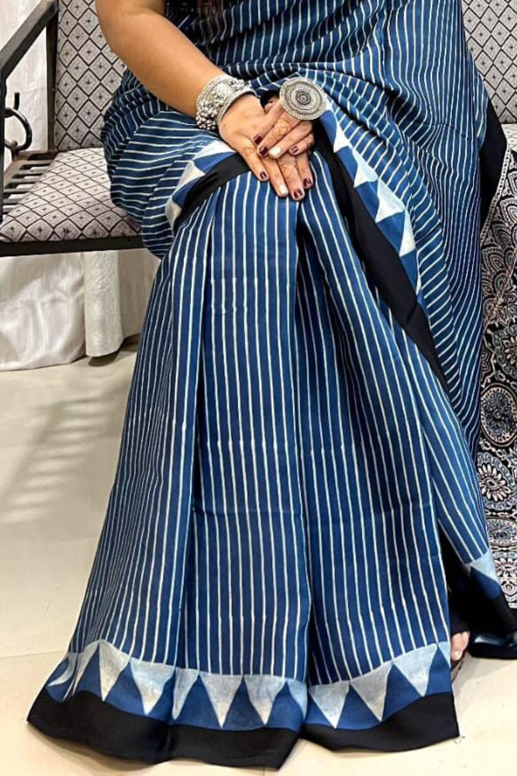 Pure Modal Handblock Printed Natural Dye Ajarakh Silk Saree Blue Stripes with Geometric Border