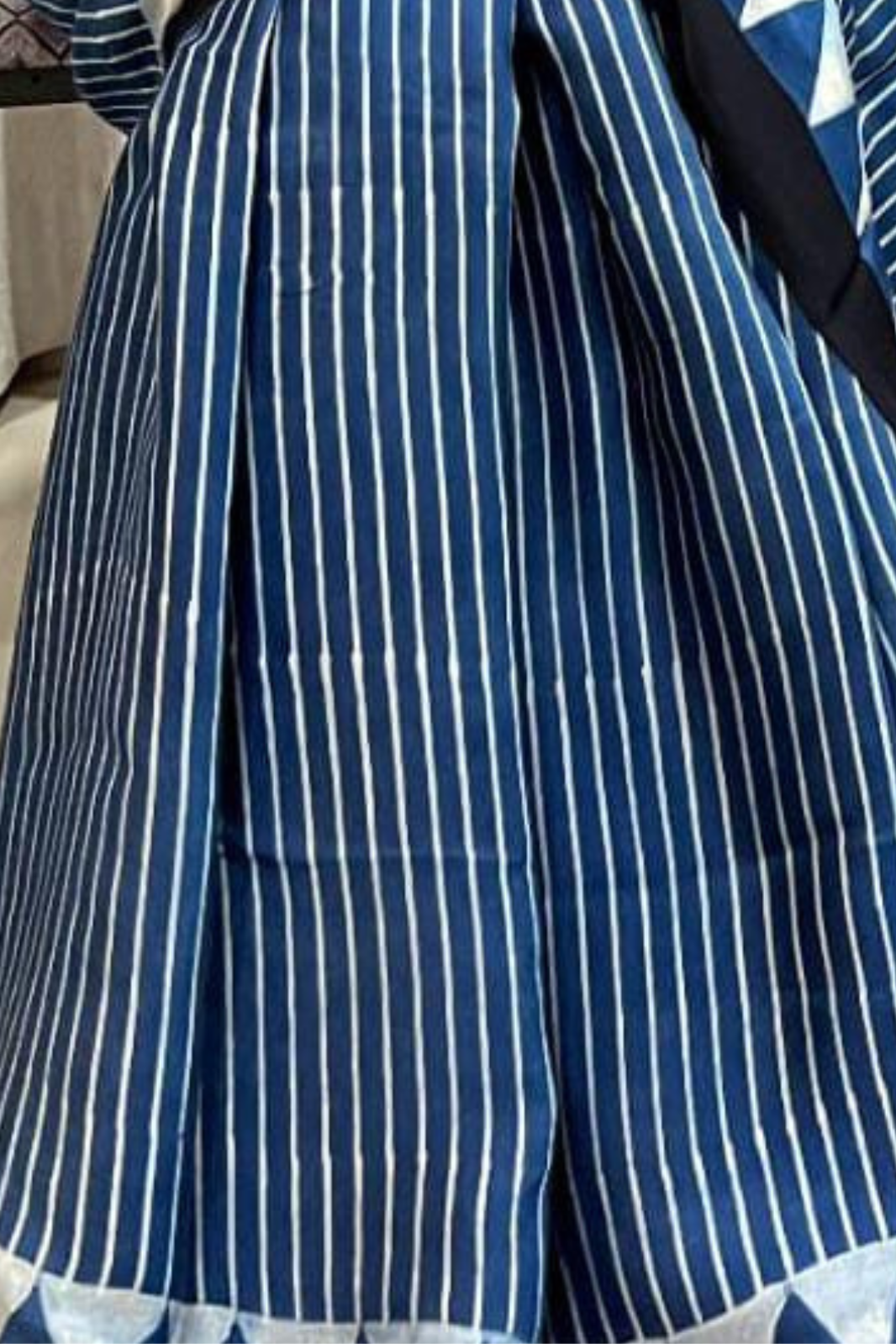 Pure Modal Handblock Printed Natural Dye Ajarakh Silk Saree Blue Stripes with Geometric Border