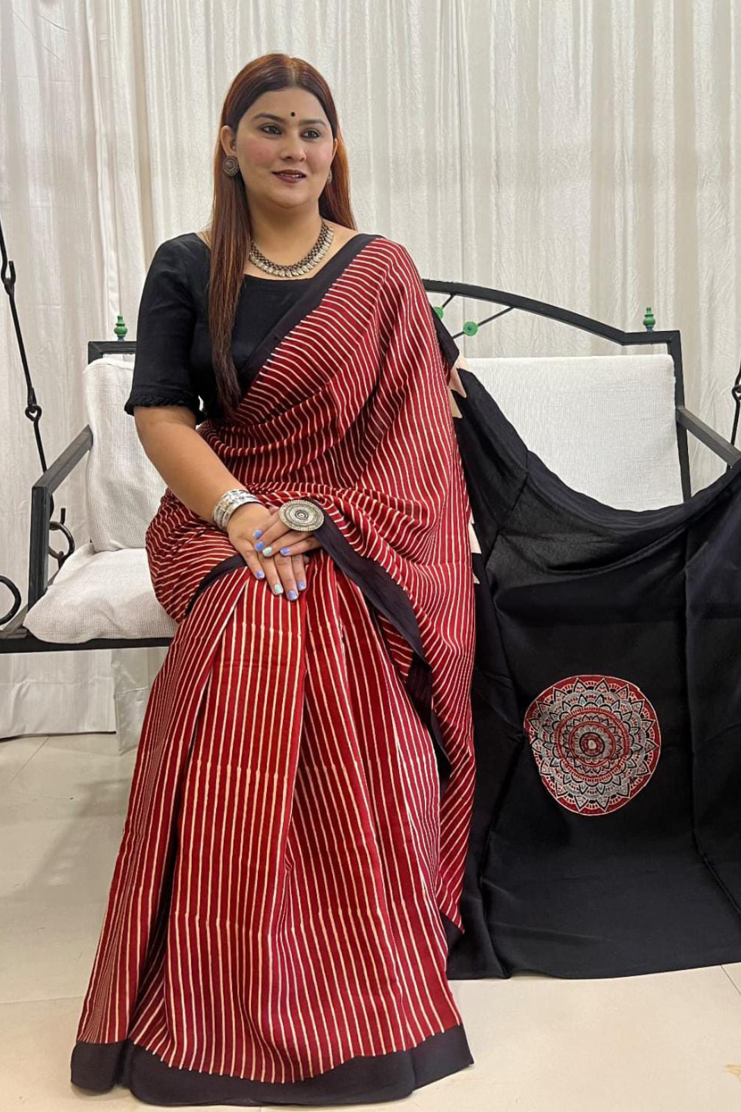 Pure Modal Handblock Printed Natural Dye Ajarakh Silk Saree Red Stripes with Black Pallu