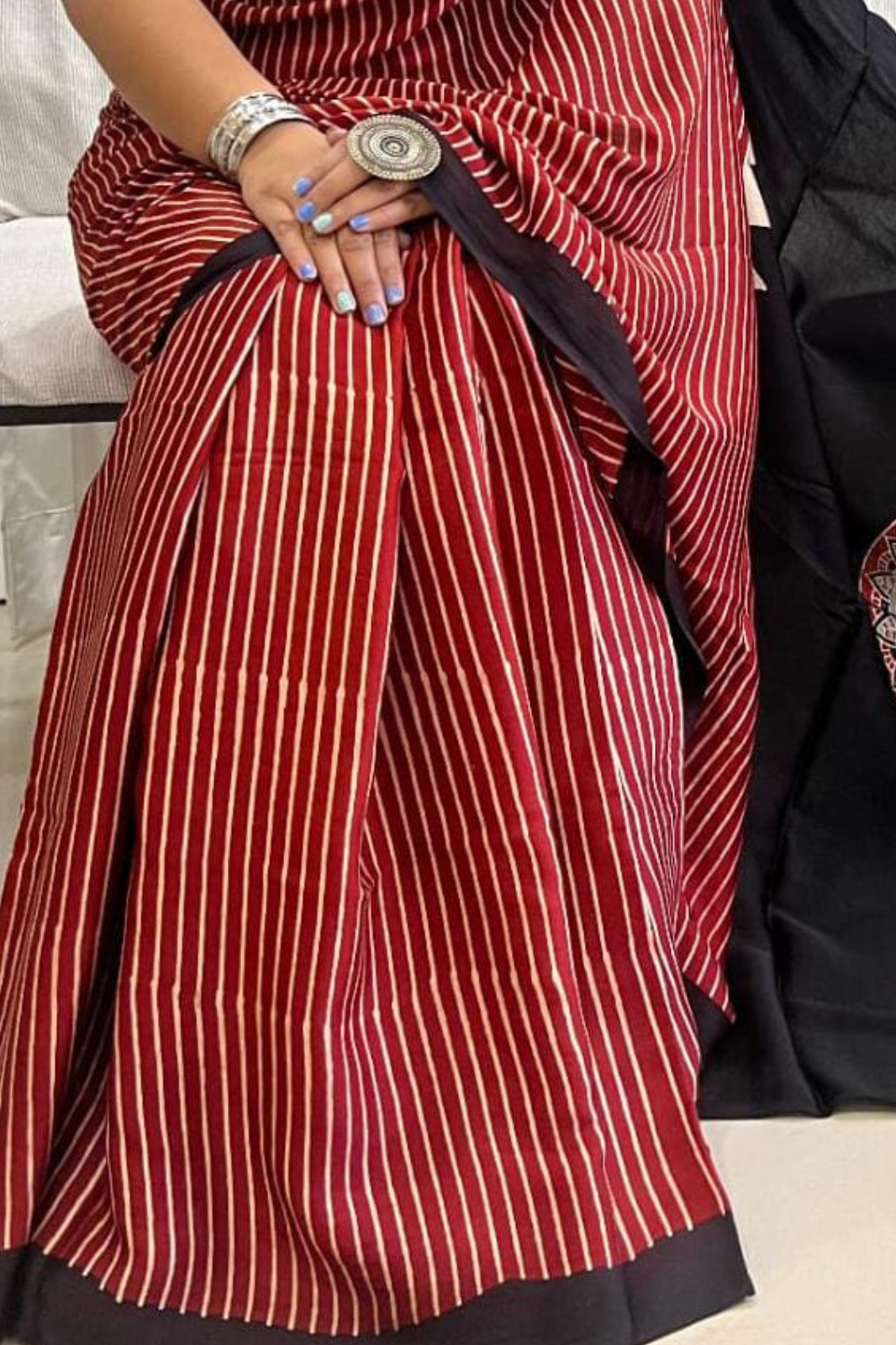 Pure Modal Handblock Printed Natural Dye Ajarakh Silk Saree Red Stripes with Black Pallu
