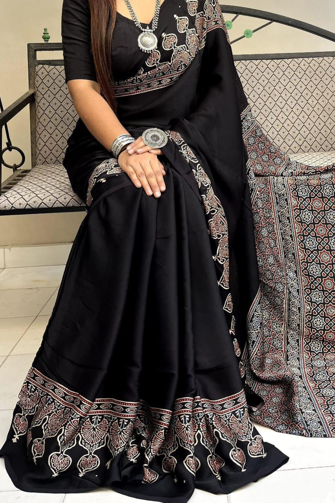 Pure Modal Handblock Printed Natural Dye Ajarakh Silk Saree Black with Traditional Border