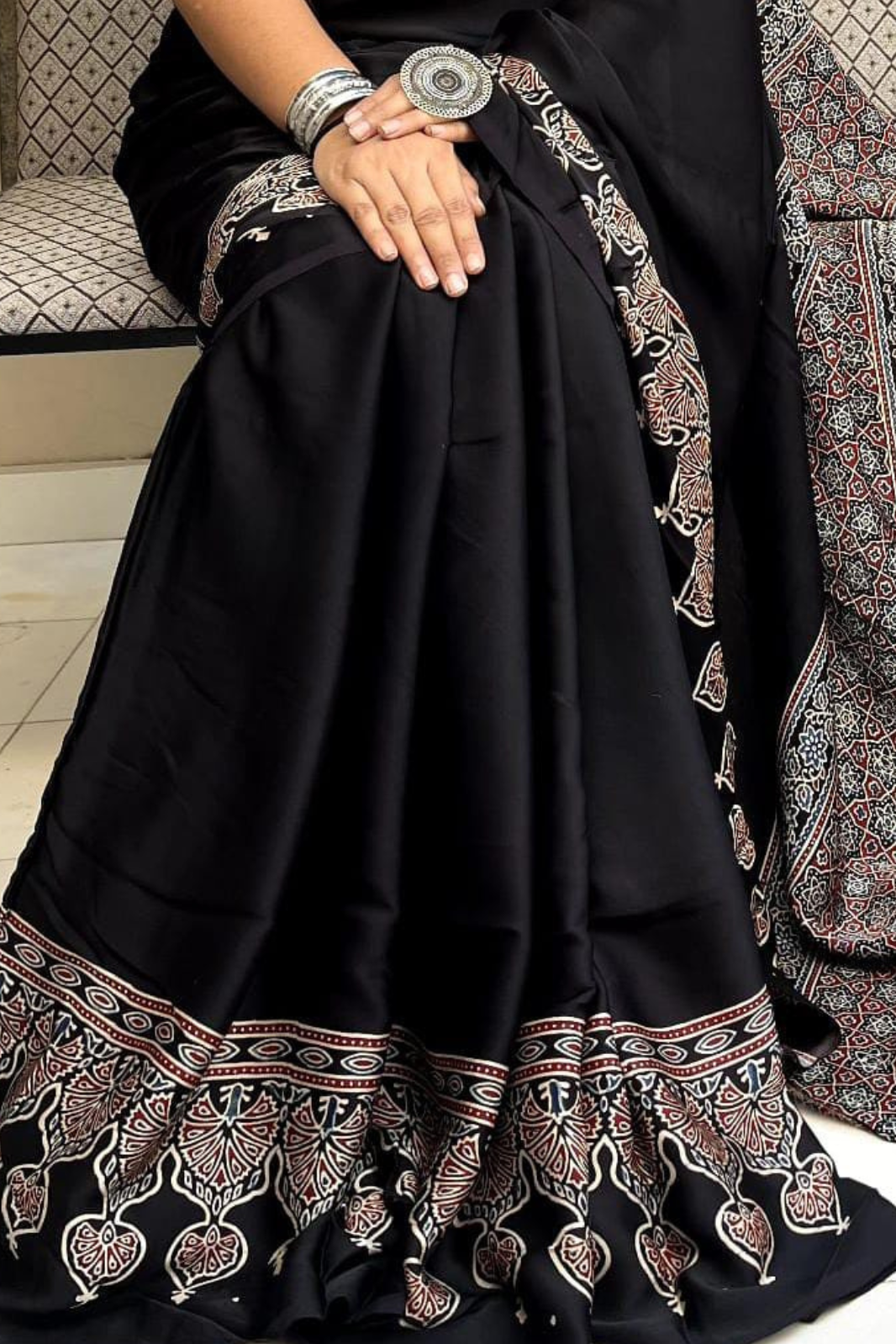 Pure Modal Handblock Printed Natural Dye Ajarakh Silk Saree Black with Traditional Border