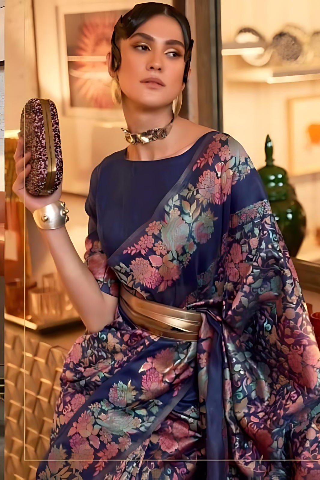 Dark Carbon Blue Soft Floral Resham Woven Silk Saree