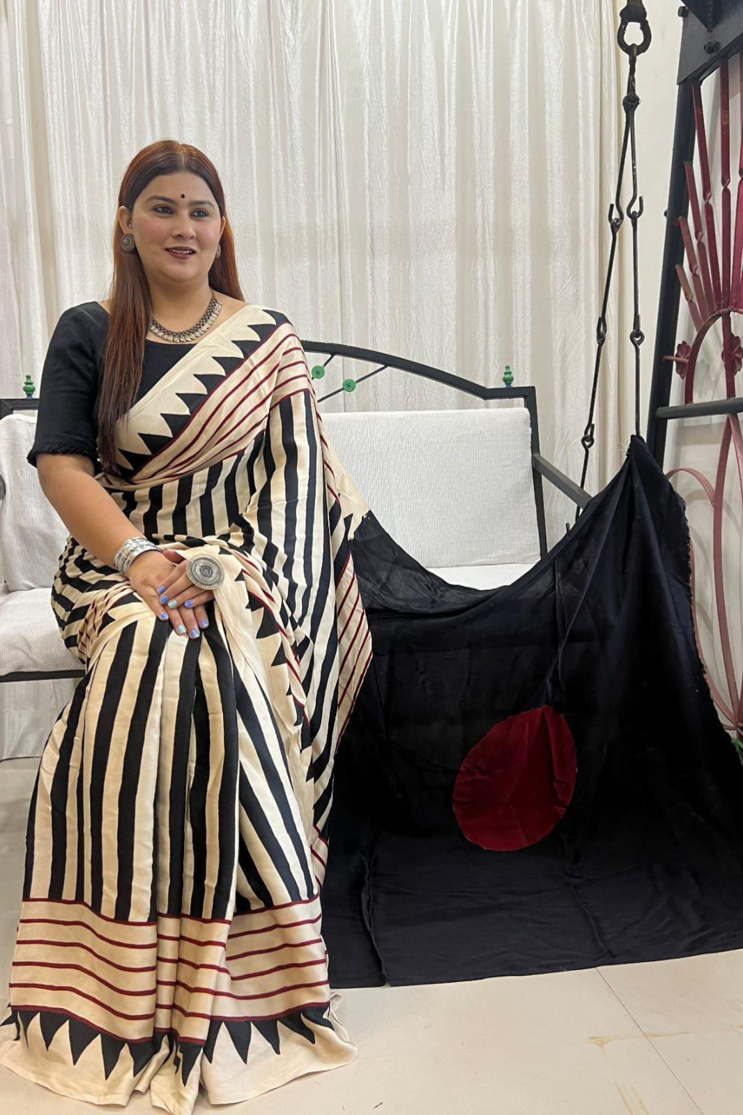 Pure Modal Handblock Printed Natural Dye Ajarakh Silk Saree Black with Maroon Pallu