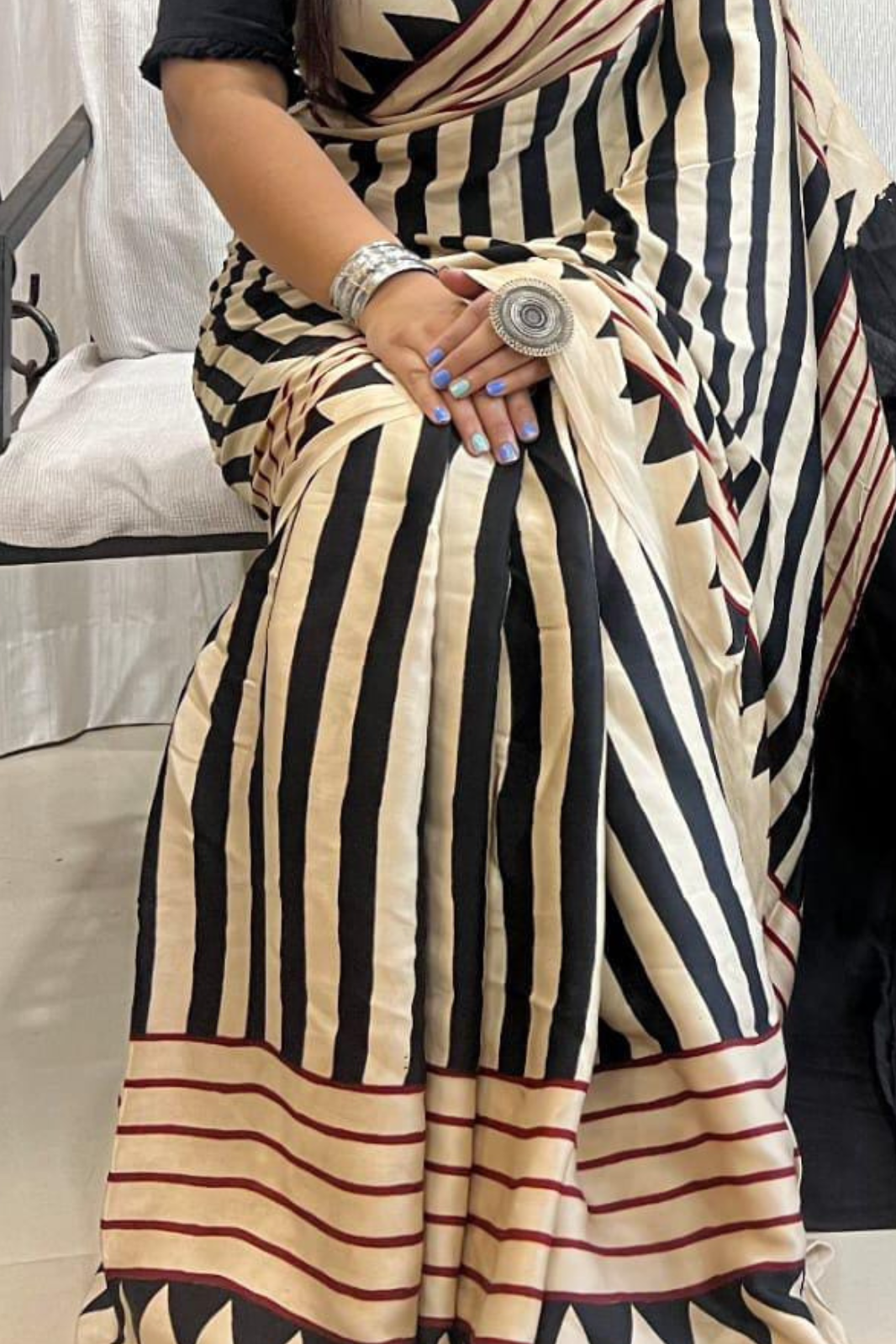 Pure Modal Handblock Printed Natural Dye Ajarakh Silk Saree Black with Maroon Pallu