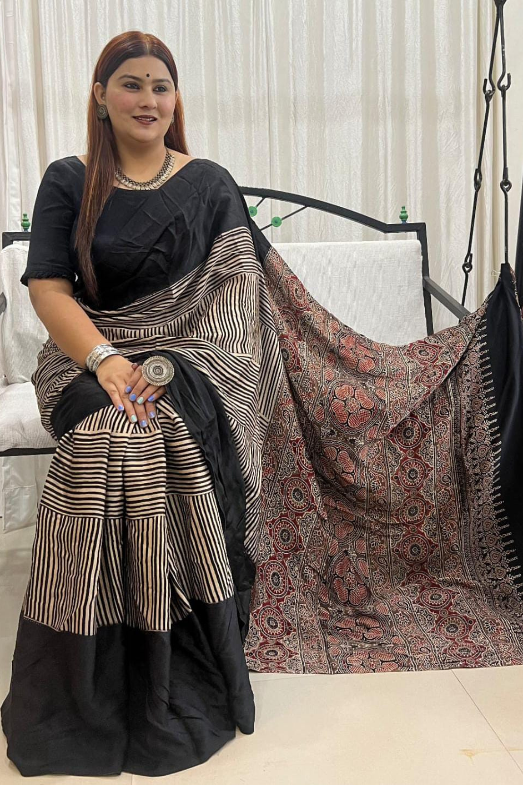 Pure Modal Handblock Printed Natural Dye Ajarakh Silk Saree Black with Red Pallu