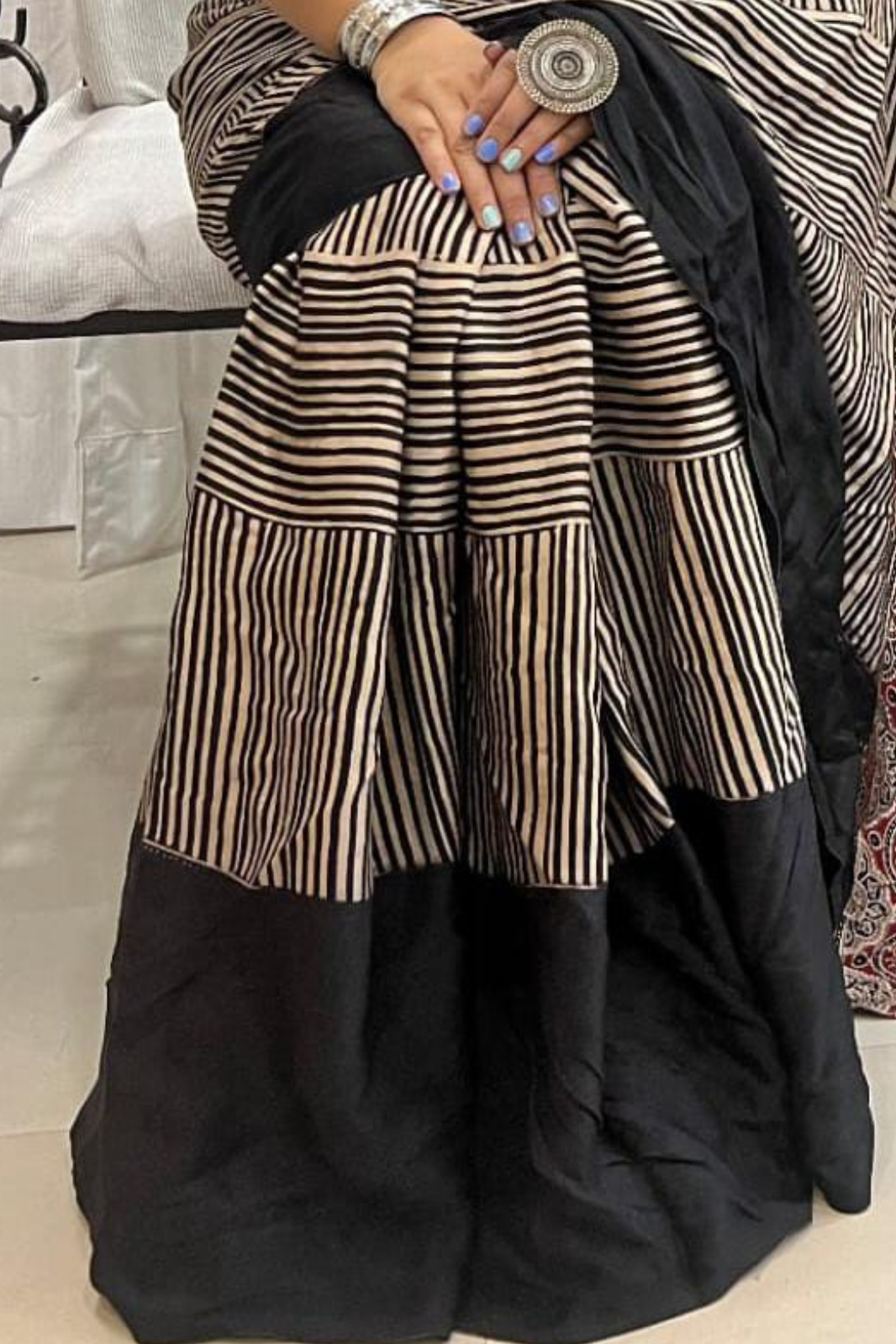 Pure Modal Handblock Printed Natural Dye Ajarakh Silk Saree Black with Red Pallu