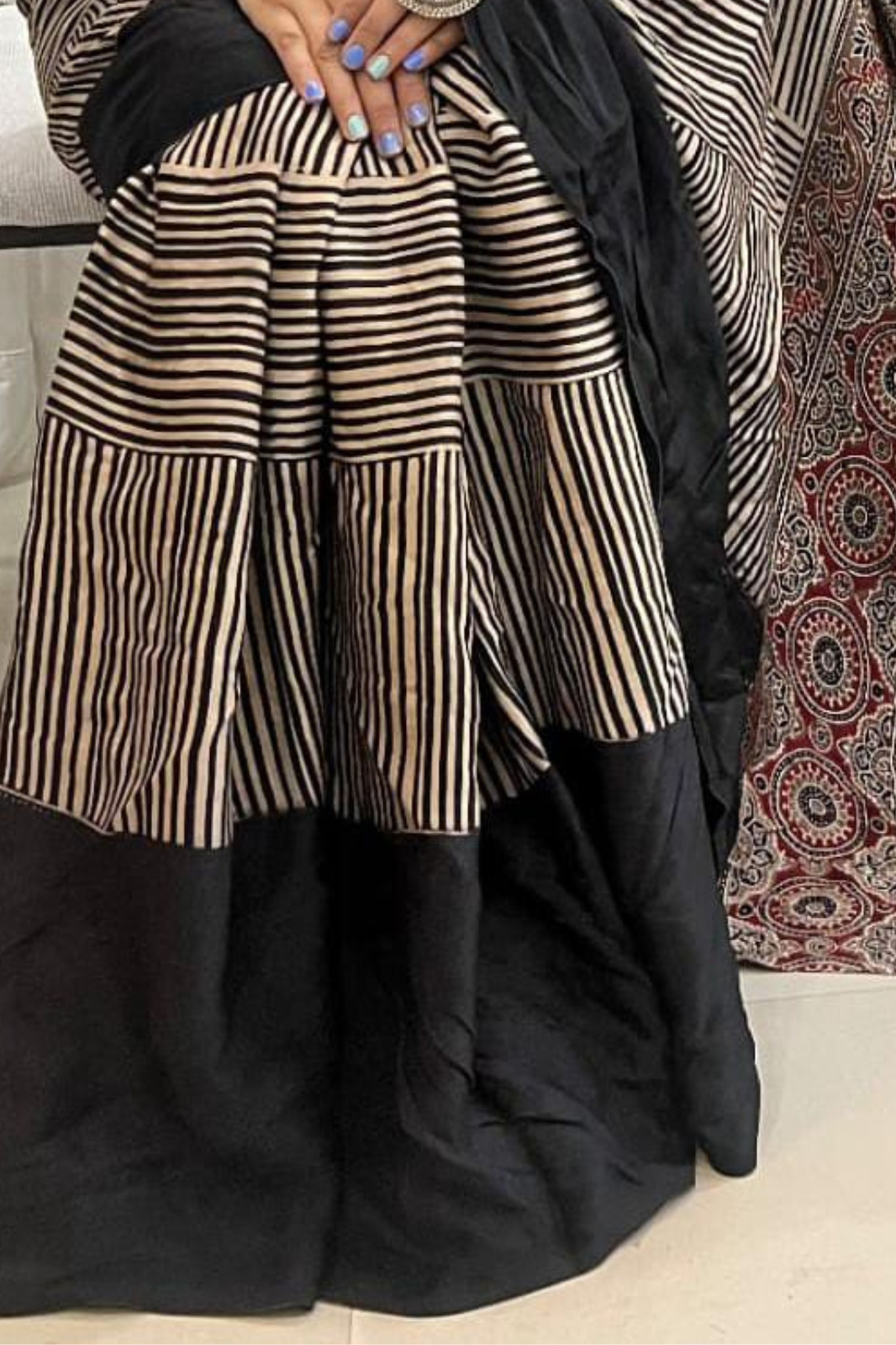 Pure Modal Handblock Printed Natural Dye Ajarakh Silk Saree Black with Red Pallu