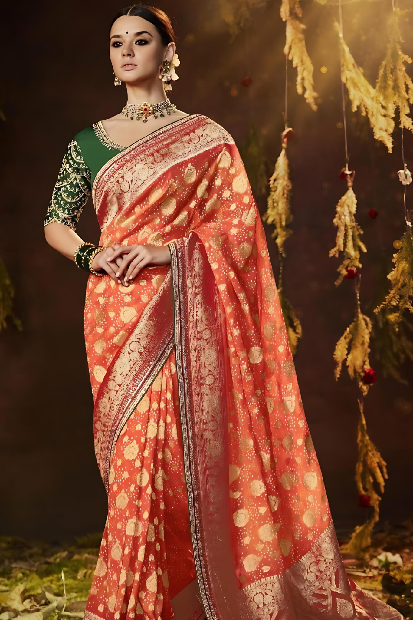 Sindoori Orange Pure Bandhani Khaddi Georgette Sarees