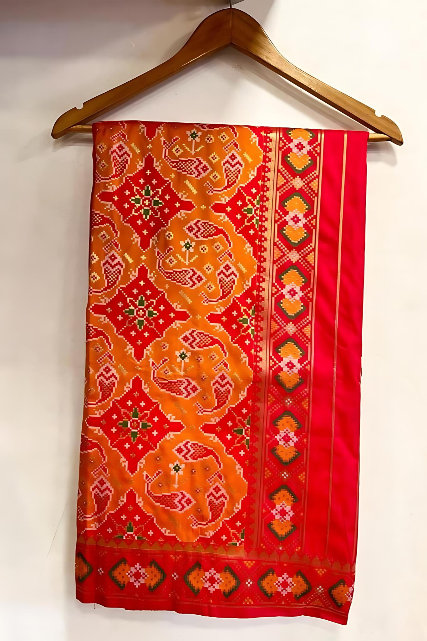 Brick Orange & Red Resham Patola Silk Saree with Geometric Motifs