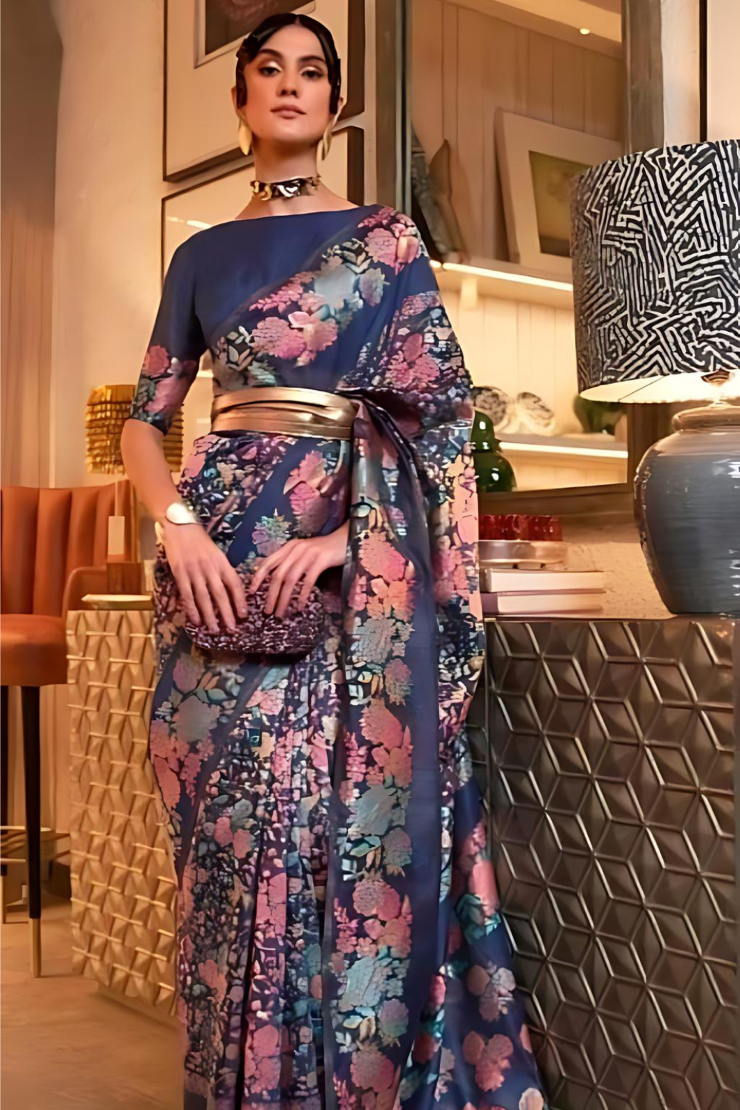 Dark Carbon Blue Soft Floral Resham Woven Silk Saree