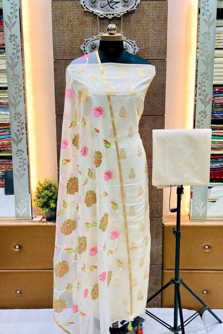 Banarasi Handloom Cotton Silk Chanderi Suit with Organza Dupatta