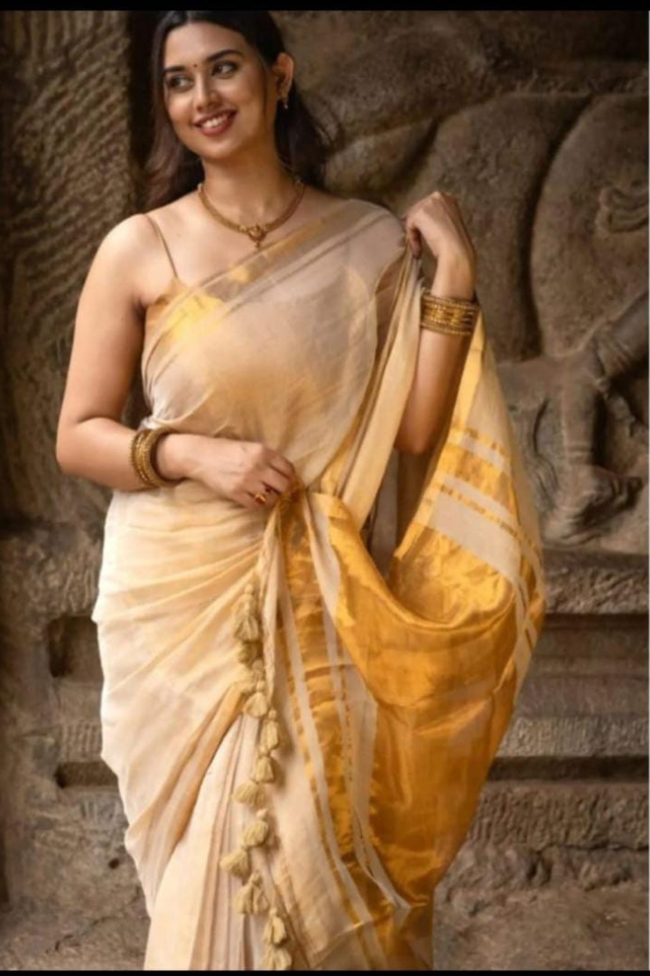Golden Tissue Linen Silk Saree with Tassels & Blouse