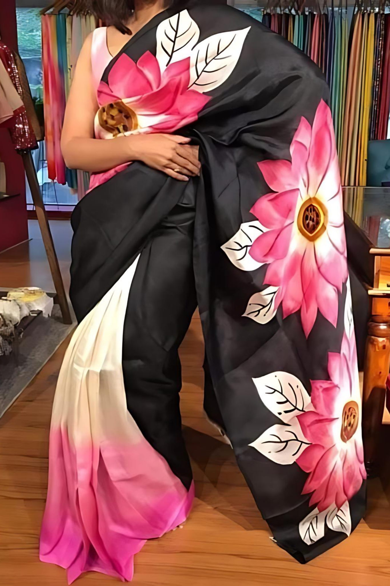 Half Black With Pearl White And Soft  Pink Bengal Handloom Saree