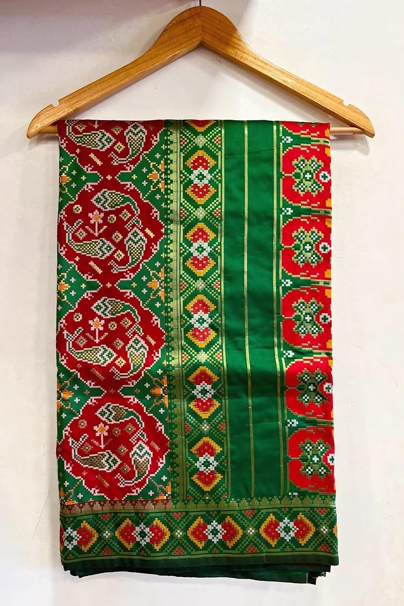 Saffron Red With Mint Green Resham Woven Patola Silk Saree