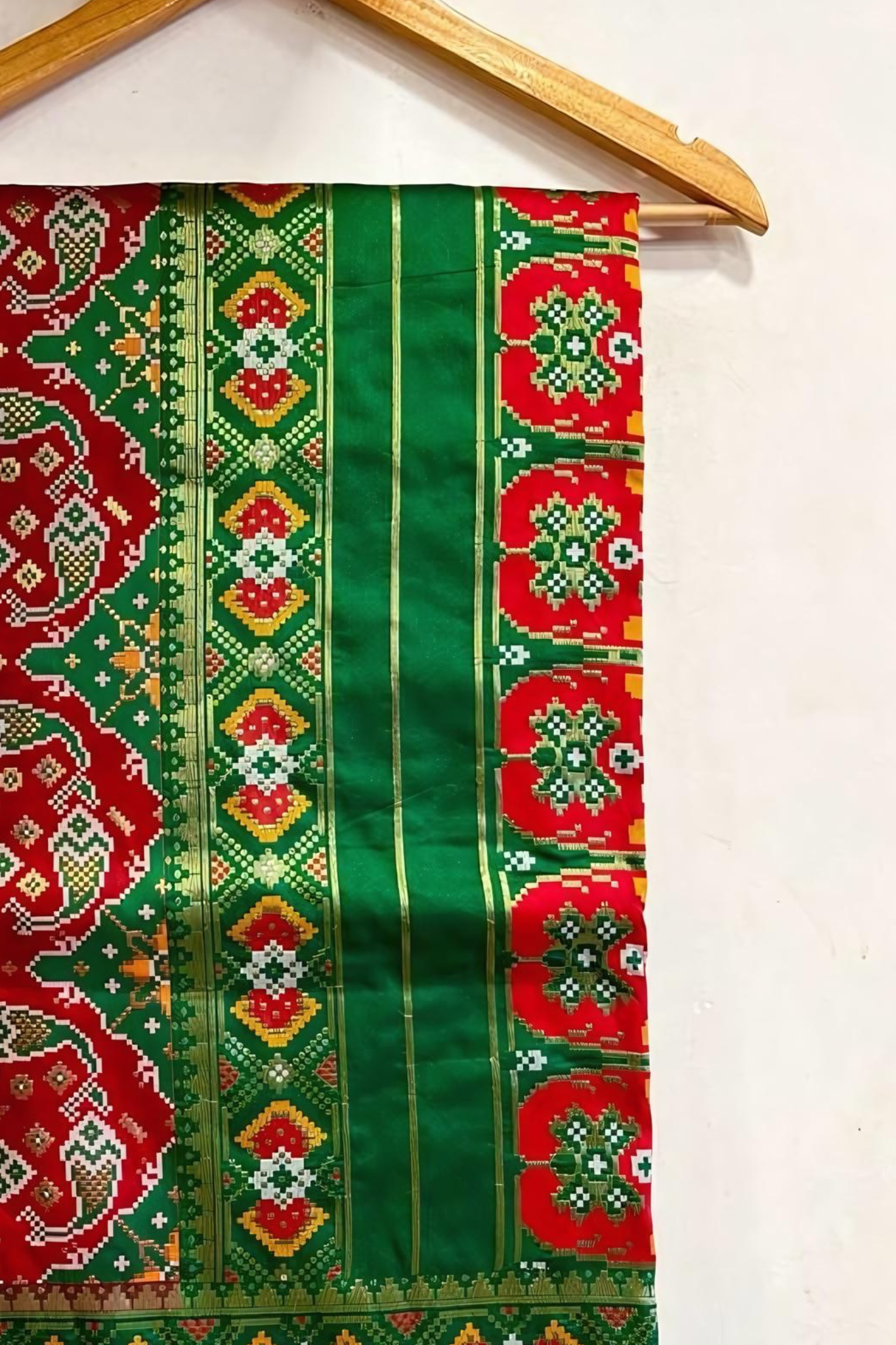 Saffron Red With Mint Green Resham Woven Patola Silk Saree