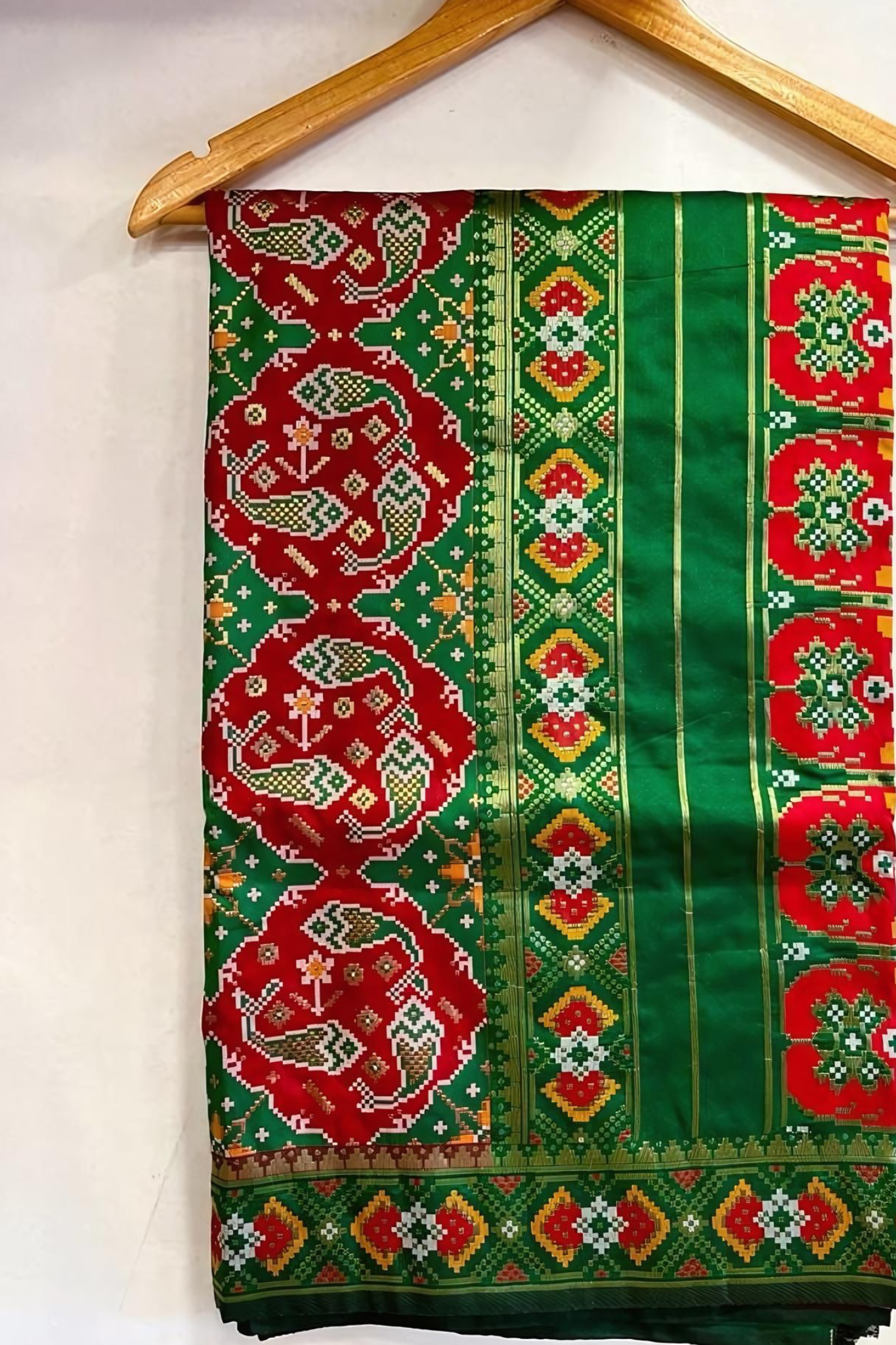 Saffron Red With Mint Green Resham Woven Patola Silk Saree