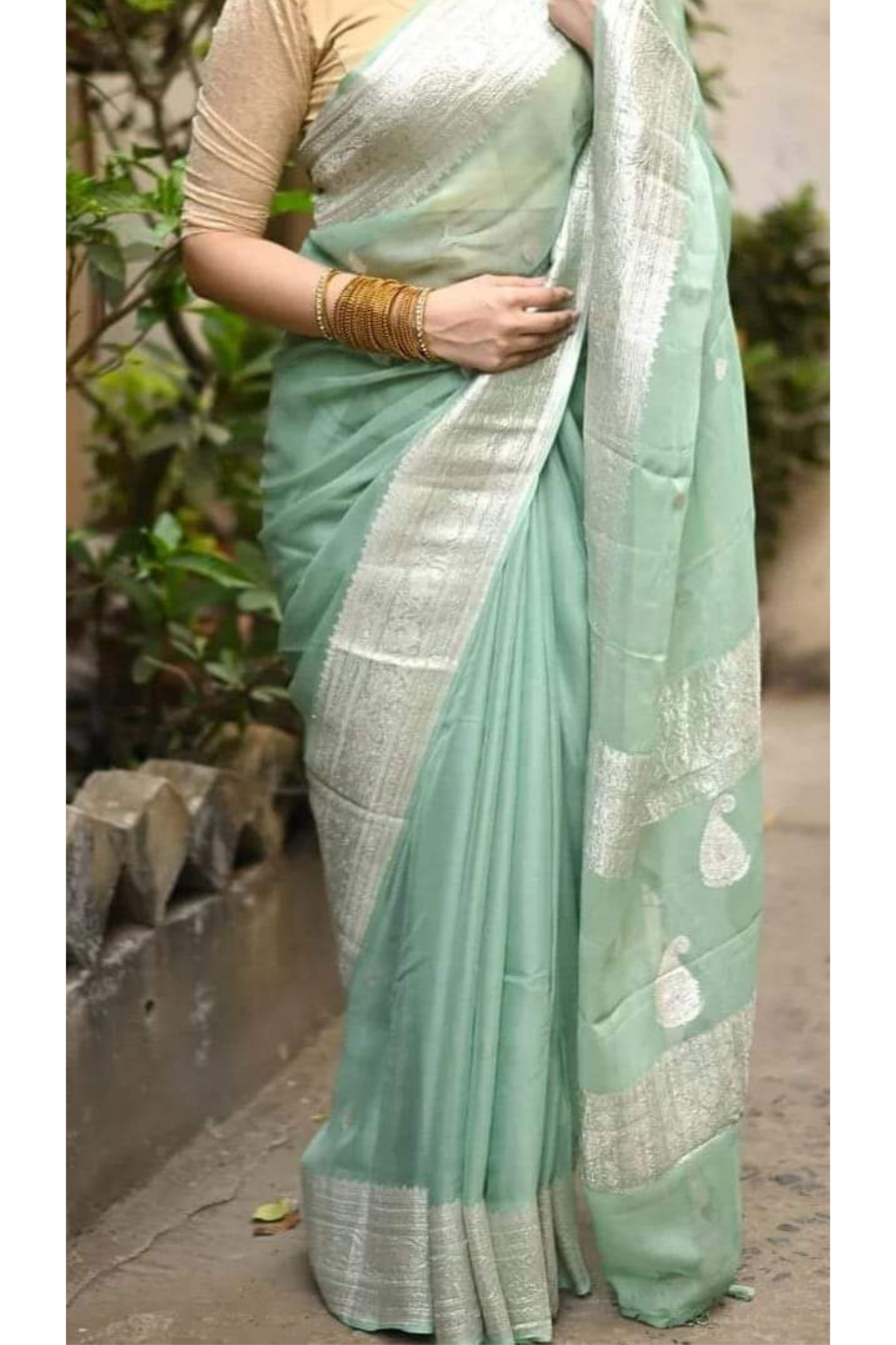 Pastel Green Banarasi Khaddi Georgette Saree With Blouse