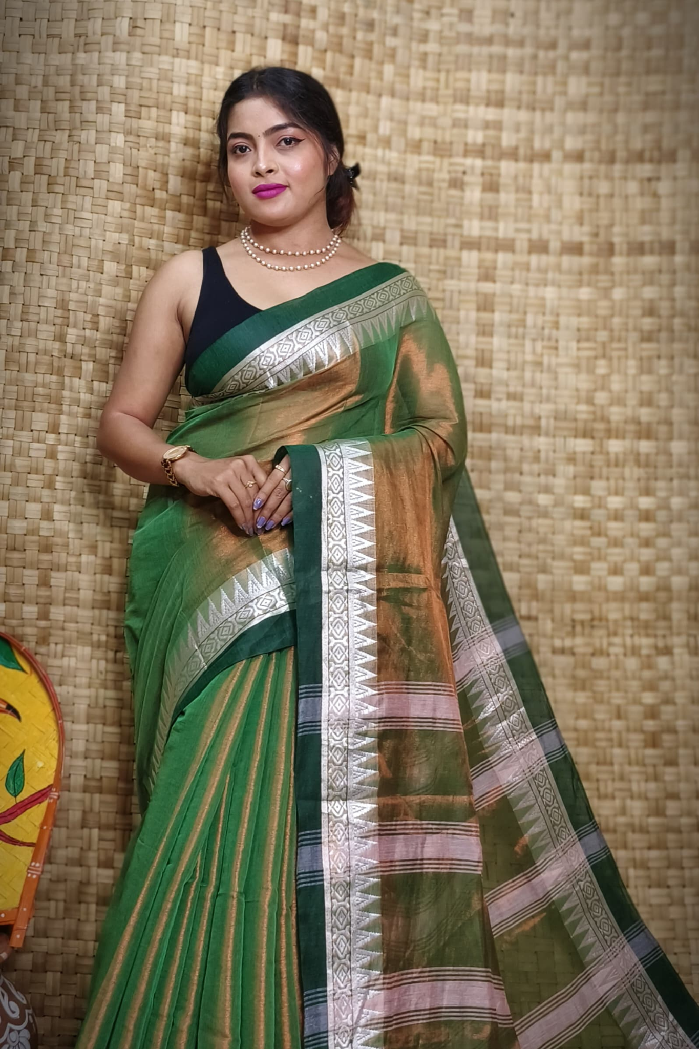 Mint Copper Pure Linen Bengal Handloom Saree