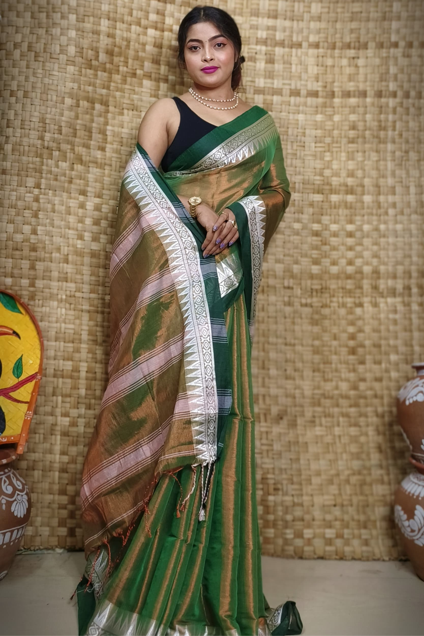 Mint Copper Pure Linen Bengal Handloom Saree