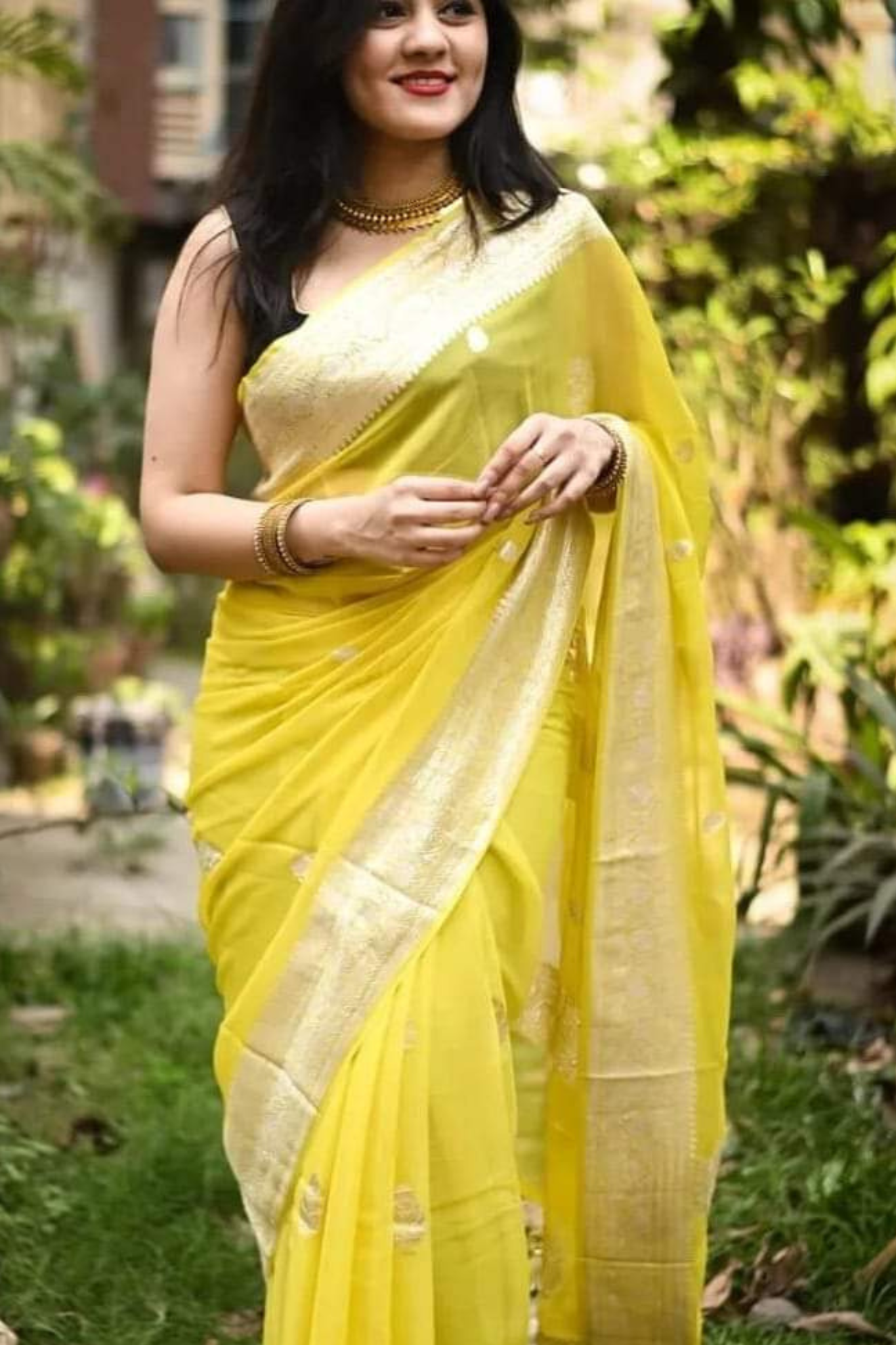 Sunshine Yellow Banarasi Khaddi Georgette Saree With Blouse