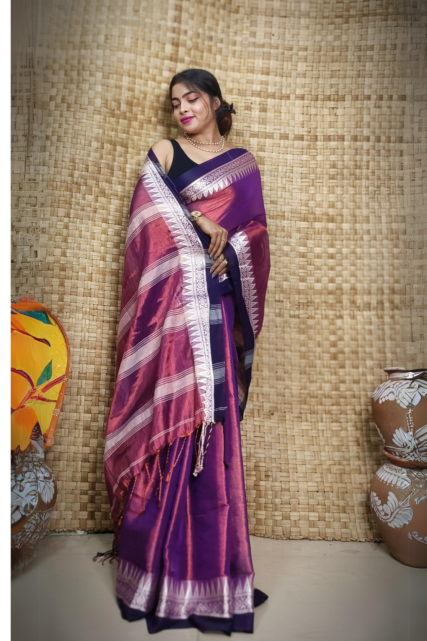 Copper Purple Pure Linen Bangal Handloom Saree