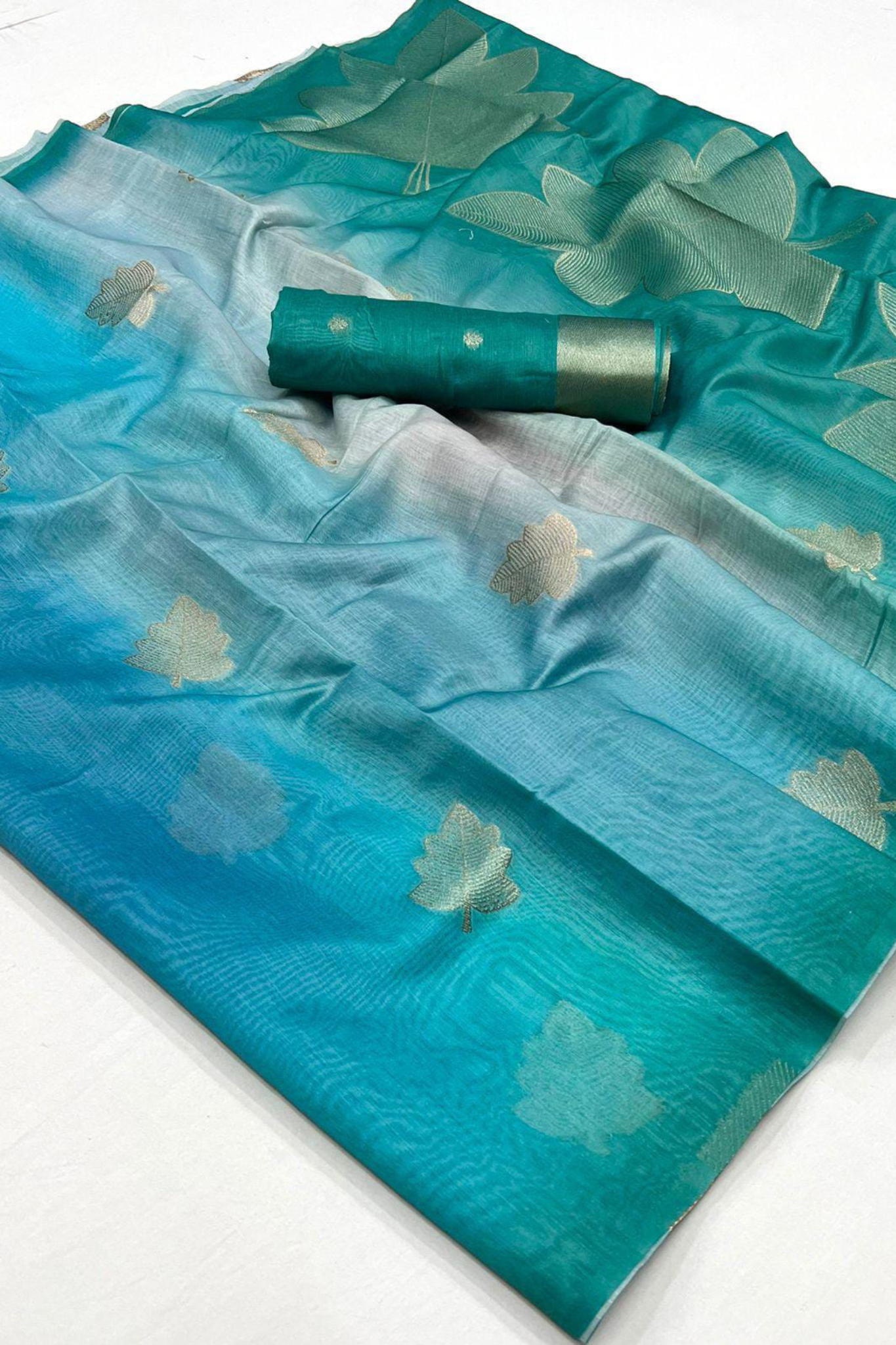 Turquoise Dual Shade Pure Khaddi Silk Saree