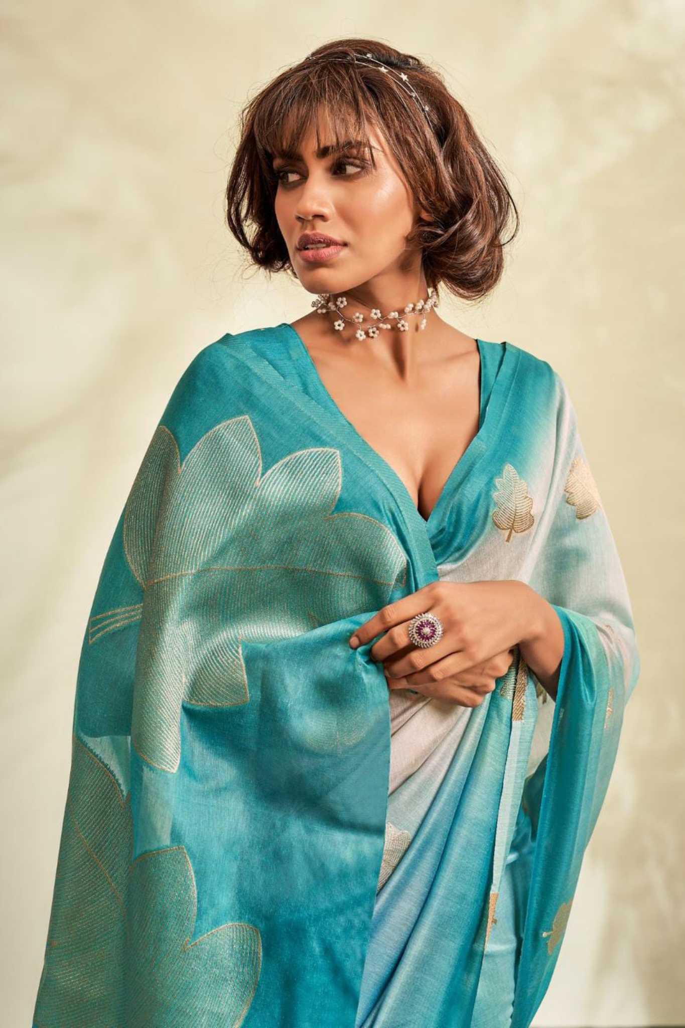 Turquoise Dual Shade Pure Khaddi Silk Saree