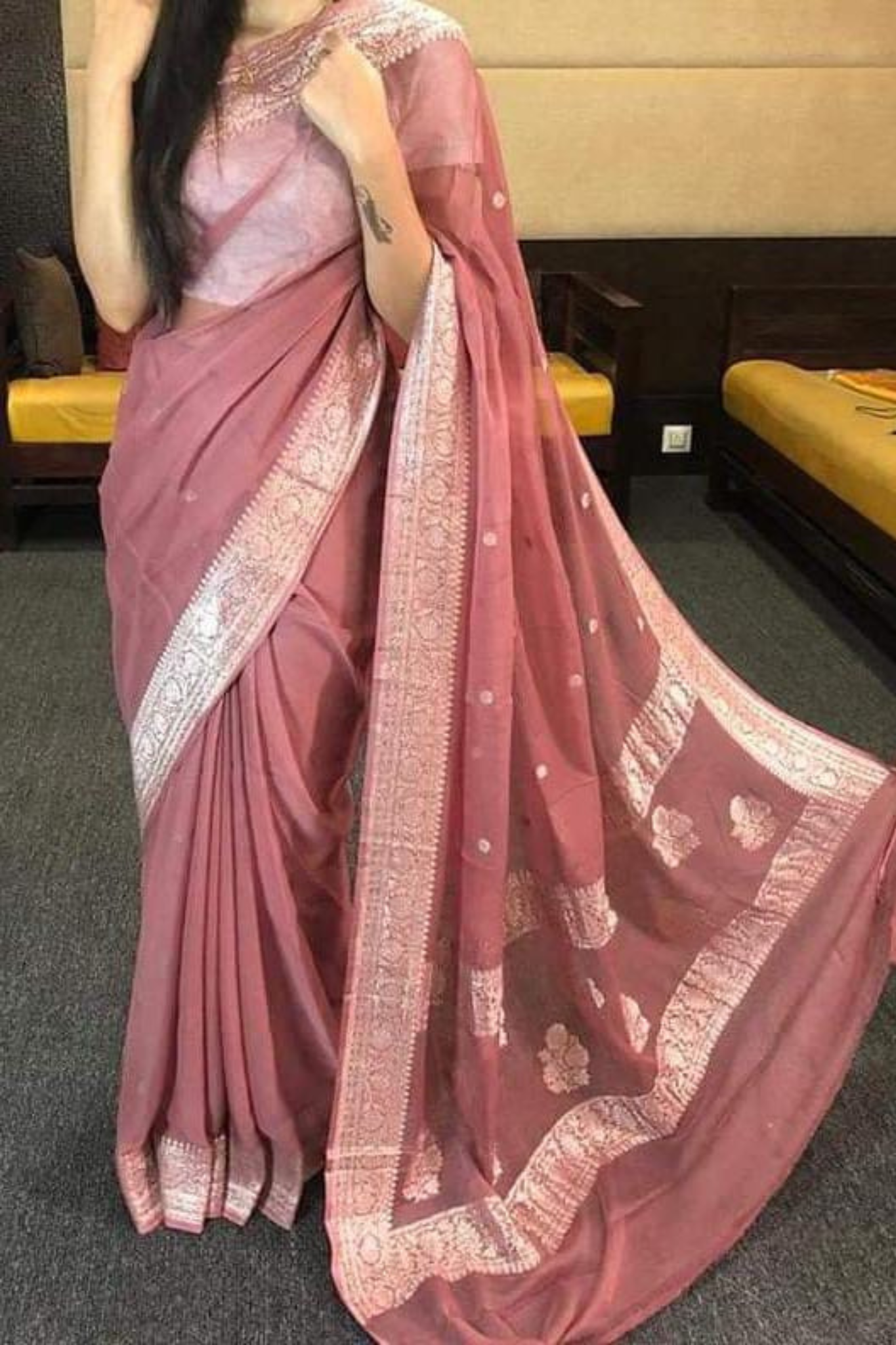 Peachish Pink Banarasi Khaddi Georgette Saree With Blouse