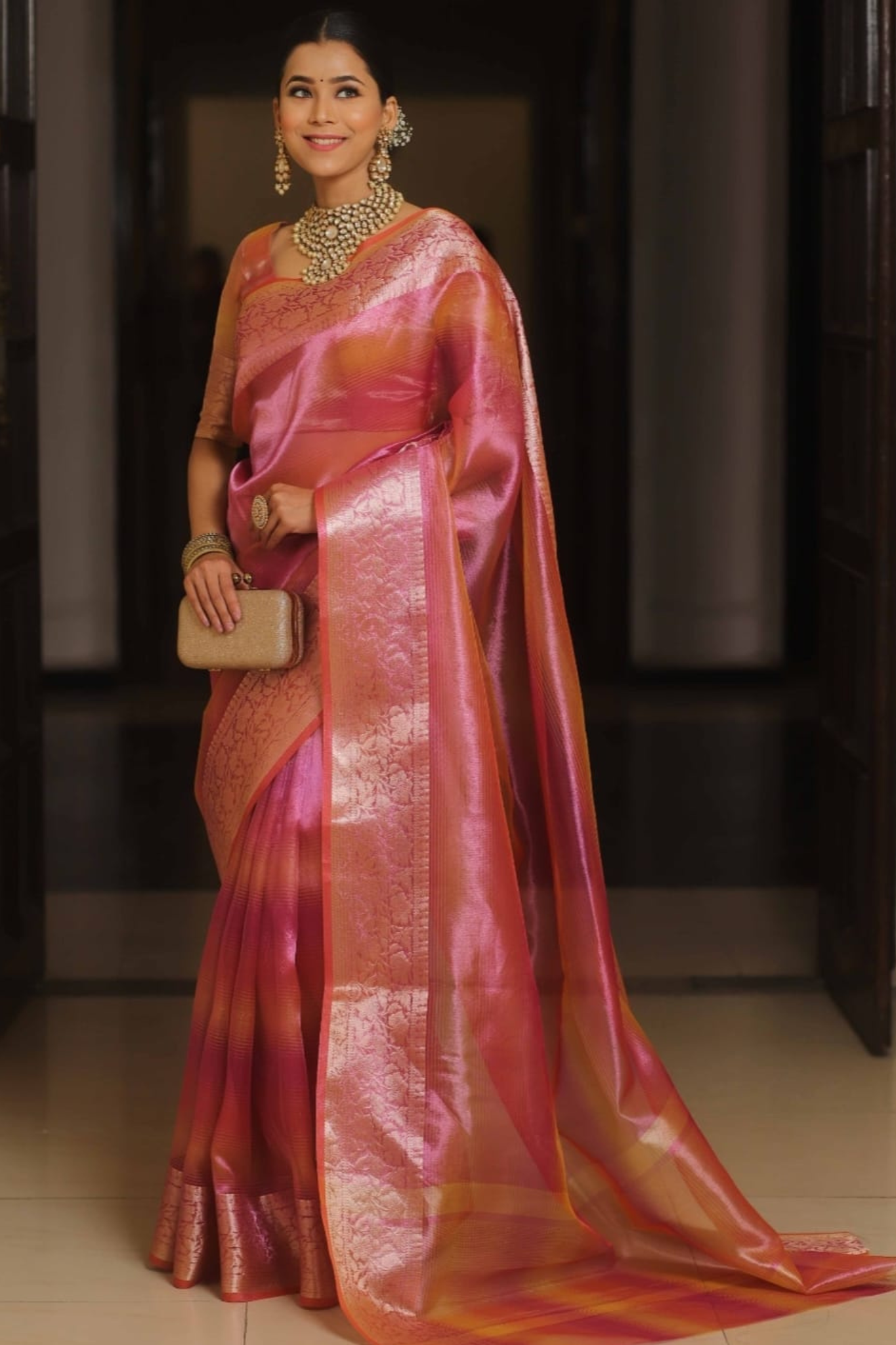 Saffron Pink Tissue Silk Saree