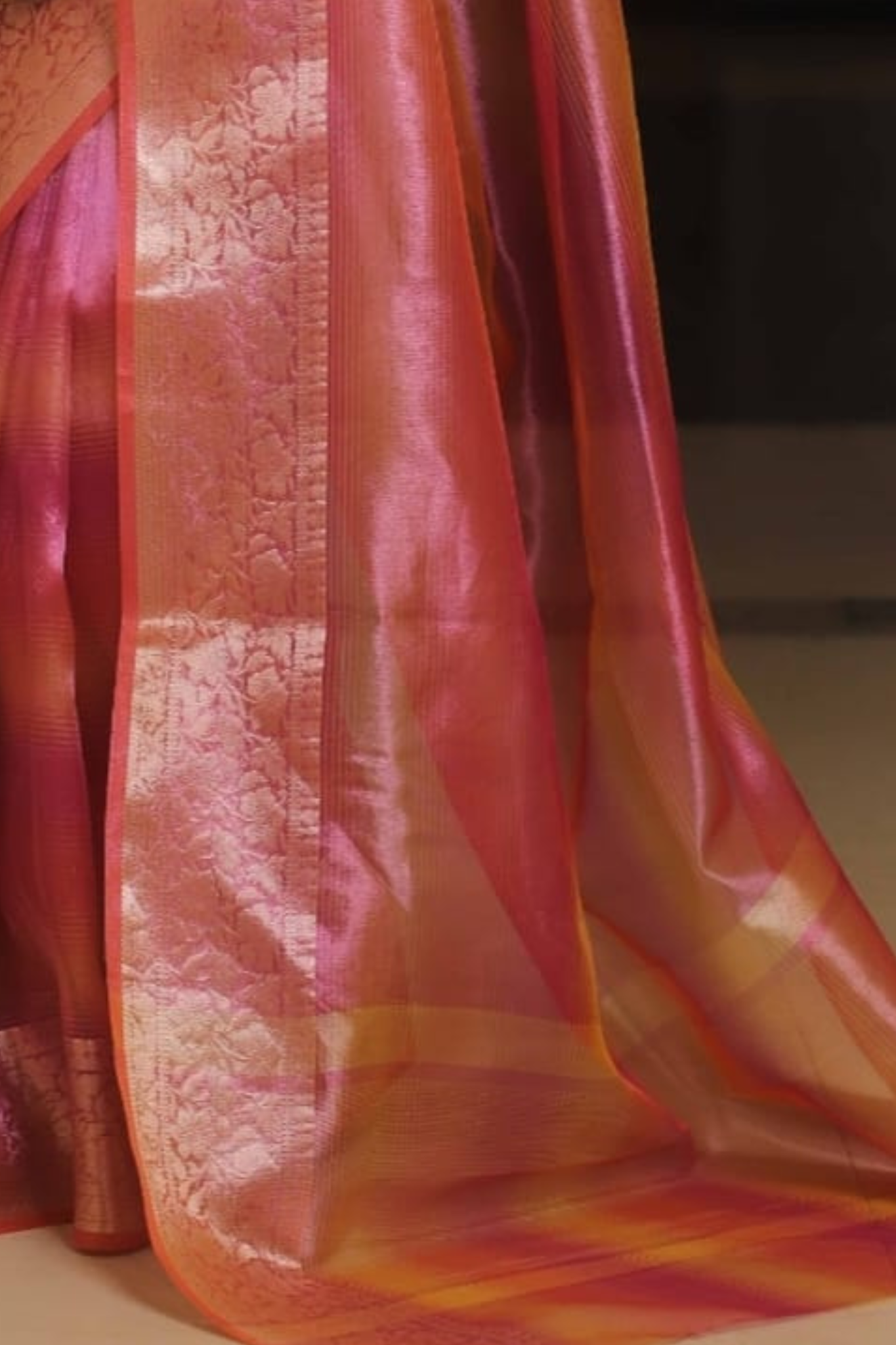 Saffron Pink Tissue Silk Saree