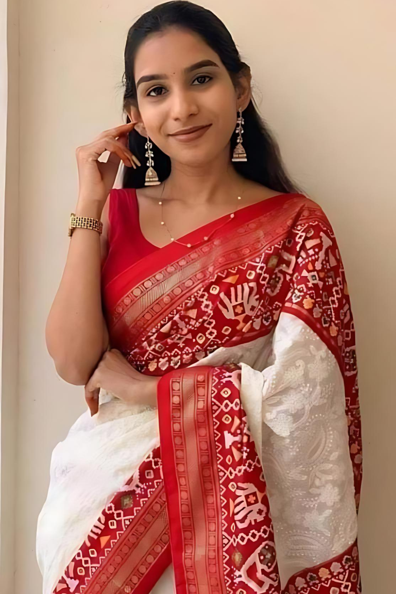 Pearl White With Rich Mehroon Georgette Chiknkaari Work Saree