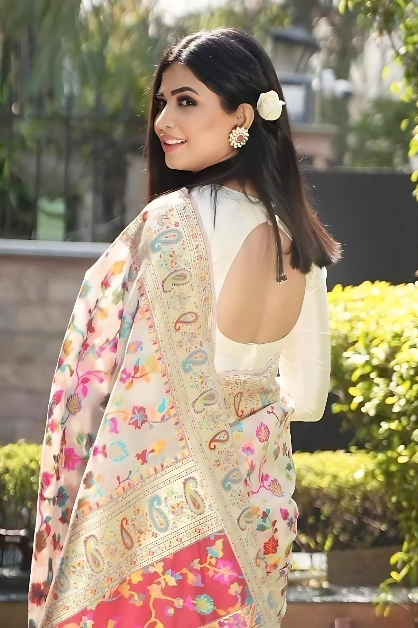 Pearl White With Multi Colour Resham Kani Weaving Silk Saree