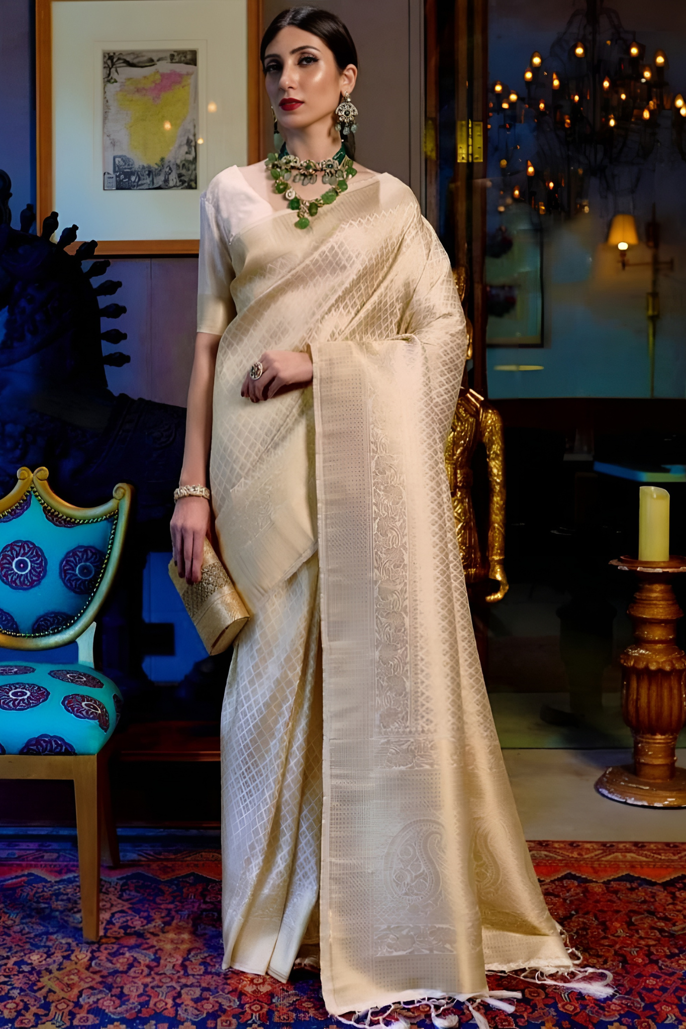 Shell Pearl White Silk Saree With Matt Finish
